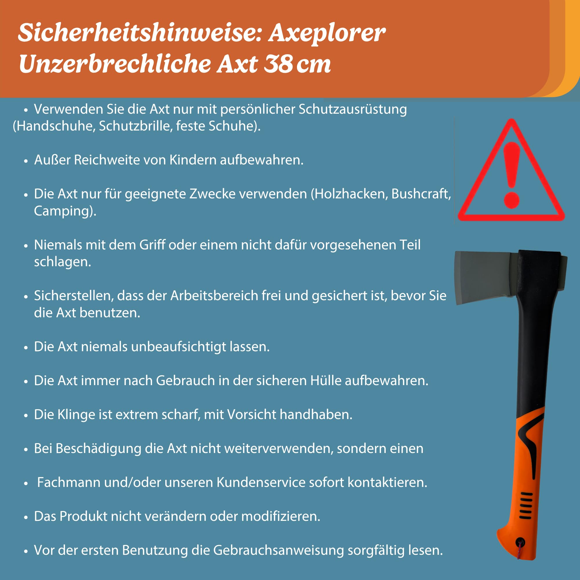 Axeplorer Axt 38 cm Bushcraft Spaltaxt mit Carbonstahlklinge, rutschfestem Griff, Klingenschutz, Karabiner & Seil – Camping Outdoor Beil, Survival Machete, Vanlife Werkzeug, holzspalter axt