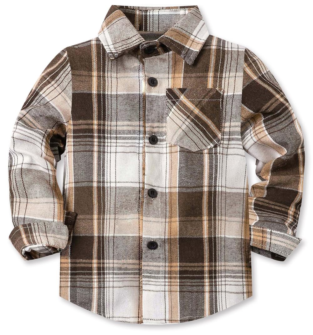 Cromoncent Camisa de franela de manga larga con botones para niños, Marrón caqui, 11-12 años