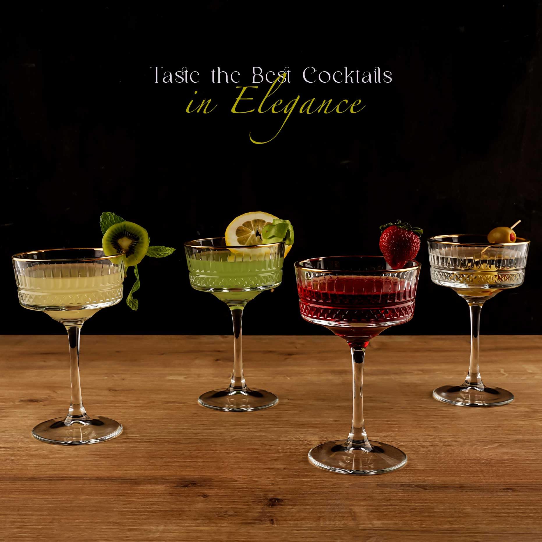 Verres Coupés à Bords Dorés Vintage Lot de 4, 260 ml/8,8 oz. Champagne, Cocktail, Martini, Verres à Vin, Verre à Gin et Prosecco, Verrerie à Longue Tige