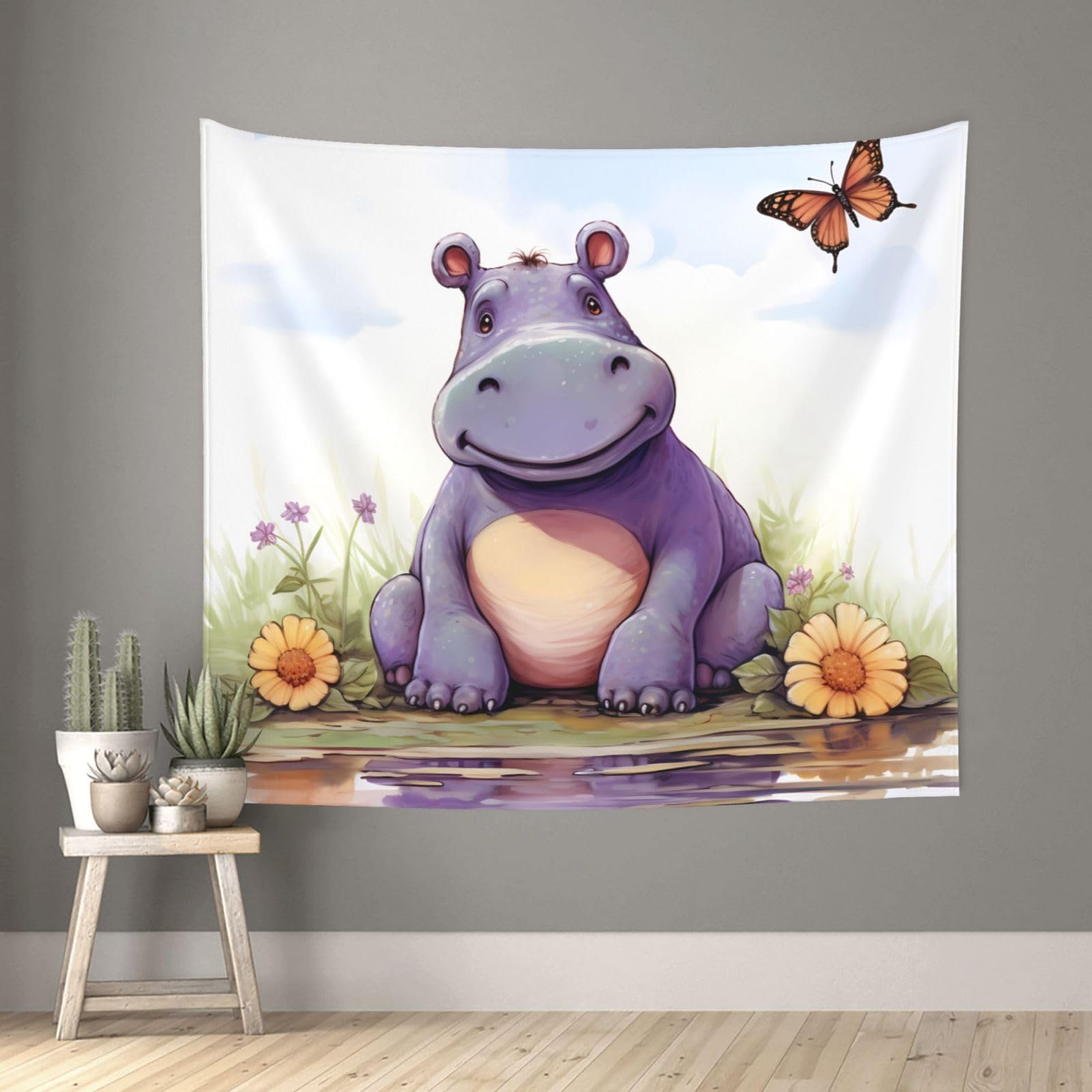 FodPand Butterfly and hippo Tapestry for Bedroom Aesthetic, Wall Hanging Tapestries Art Decor Backdrop Wall Tapestry for Dorm Living Room Funny Poster Party Banner Background 51" X 60"