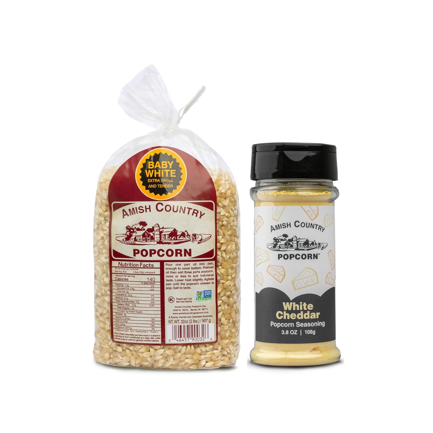 Amish Country Popcorn | Variety Bundles | 2 lbs Baby White Popcorn Kernels and White Cheddar Cheese Seasoning Bundle | Old Fashioned, Non-GMO and Gluten Free