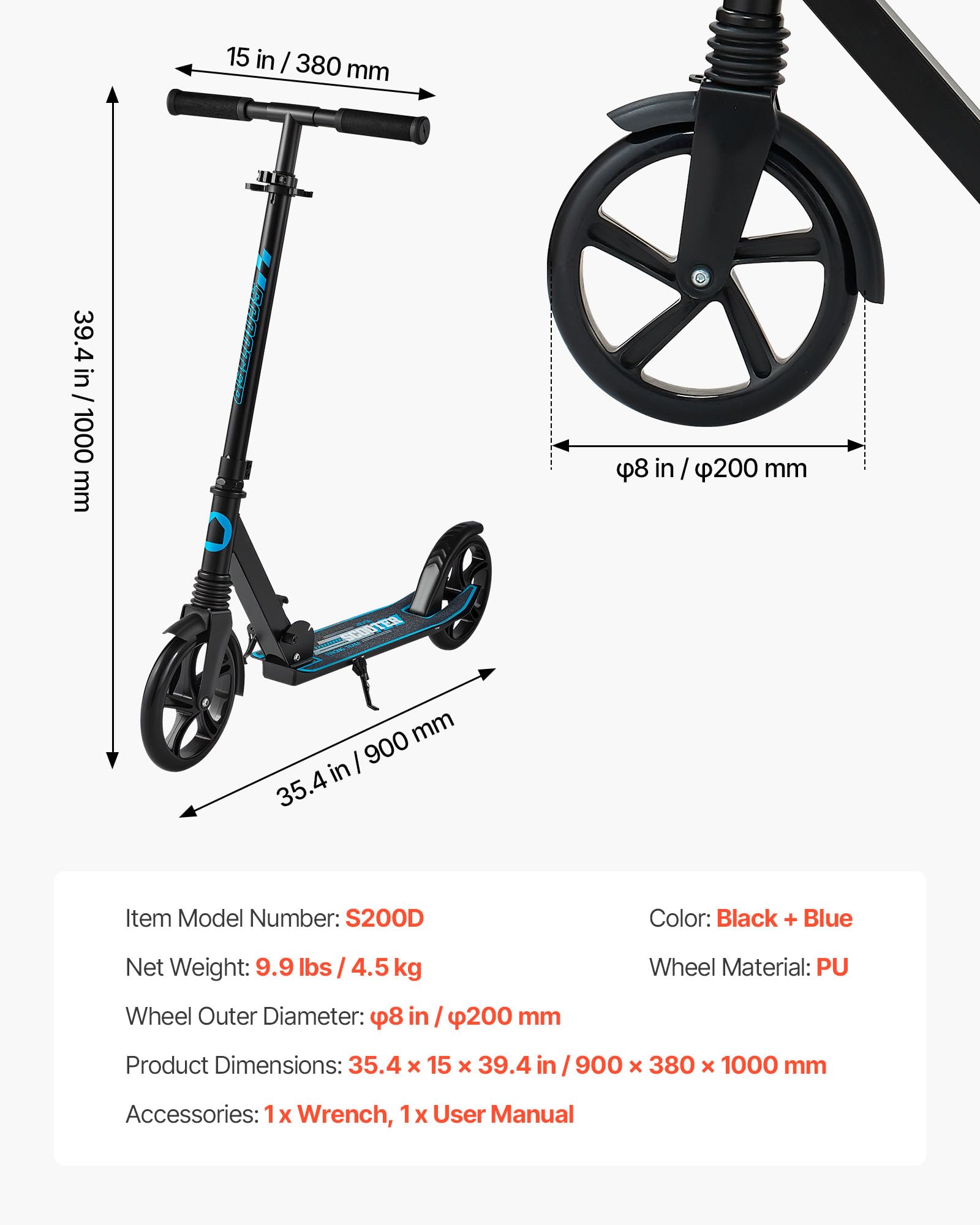 VEVOR Monopattini a Spinta, Monopattino con Freno a Pedale a 2 Ruote con Manubrio Regolabile Pedana Antiscivolo, Pieghevole e Leggero Fino a ca. 99,7 kg per Adolescenti e Adulti, Blu e Nero