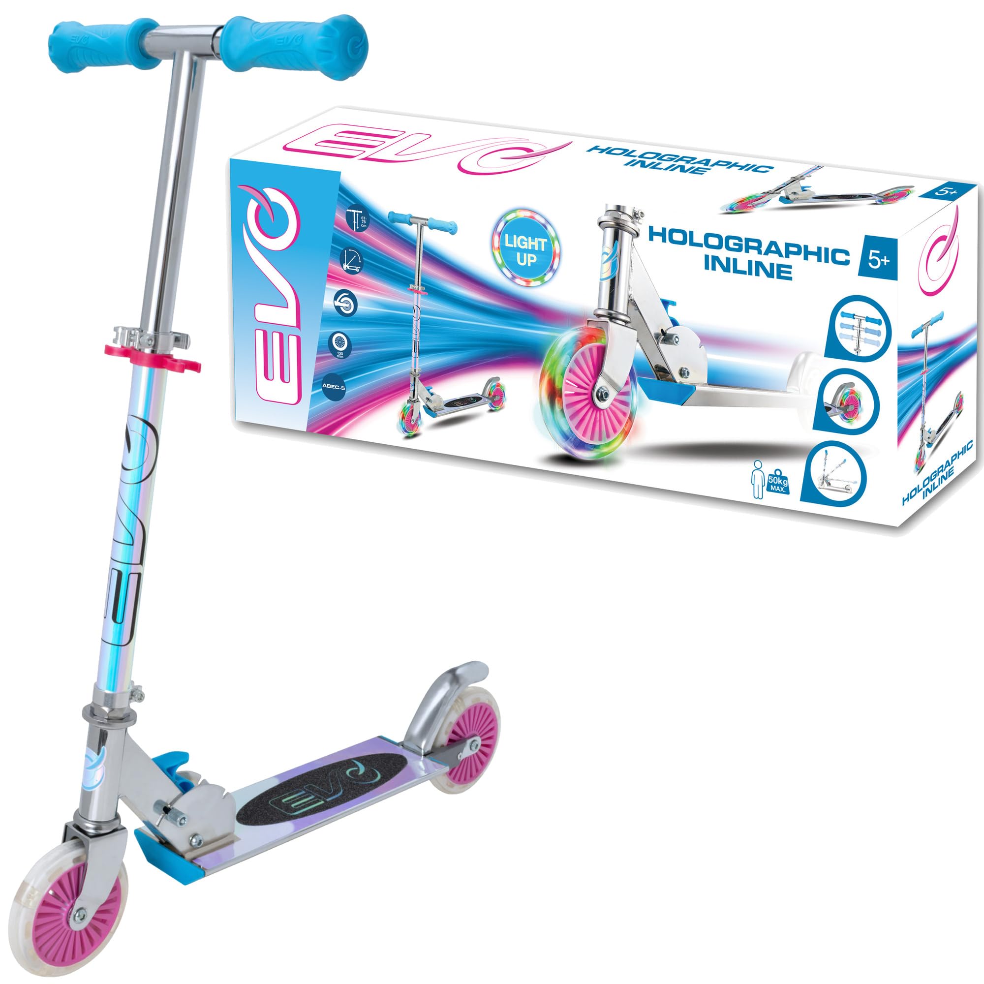 Evo Patinete holográfico en línea de 2 ruedas, color rosa y azul