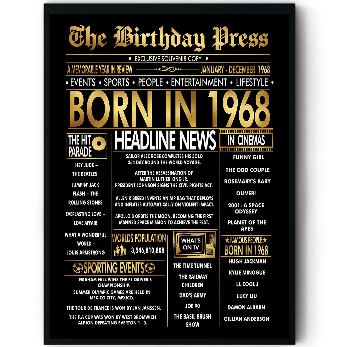 Stuff4 Men's 1968 Gold 58Th Birthday Poster Framed - Golden Born In Newspaper - Happy 58 Birthday For Wo Retro Vintage Gifts Back In 8X10 Inch Bday Party Decor Decoration