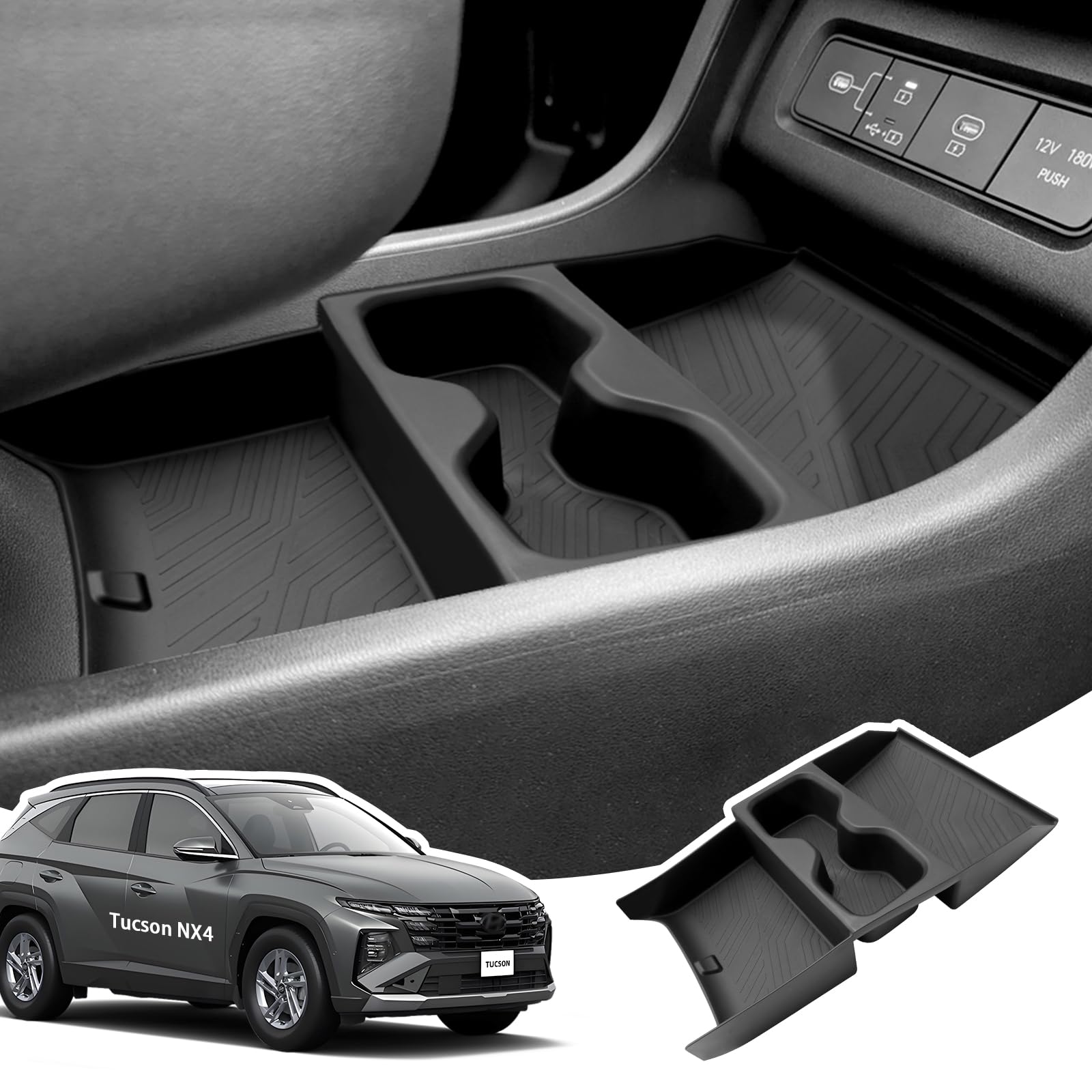 LANGBEAN Mittelkonsole Organizer für Hyundai Tucson NX4 2025 2026, TPE Aufbewahrungsbox mit Getränkehalter, Organizer Tray für Tucson NX4 (Elektronisches Getriebe)