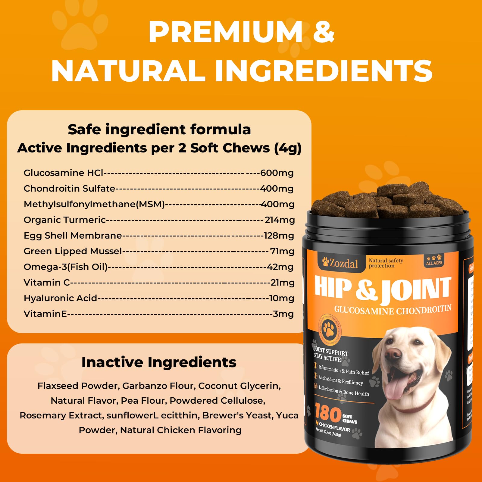 Zozdal Joint Supplement for Dogs, 180 Chicken Flavor Chews, Glucosamine Chondroitin with MSM, Turmeric & Green Lipped Mussel, for Large Breed & Senior Dogs, Hip & Joint Pain Relief and Health Support - image 8