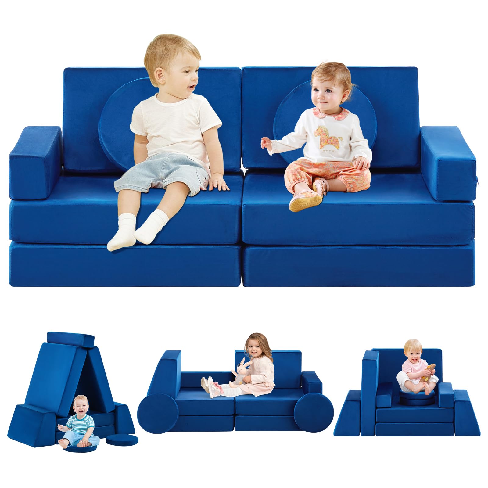 TUKAILAi 10PCS Modular Kids Play Couch, Convertible Child Sectional Sofa, Imaginative Furniture Play Set for Creative Kids, Toddler, Teen Nugget Couch for Boys and Girls(Blue)