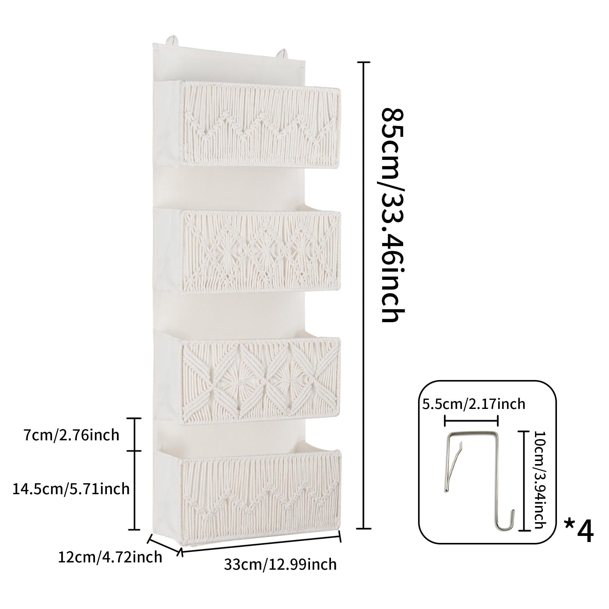 FEILANDUO Organizador para colgar sobre la puerta, macramé bohemio, decoración de almacenamiento, 4 bolsillos, cesta colgante de pared para baño, apartamentos, oficina, organizador detrás de la puerta