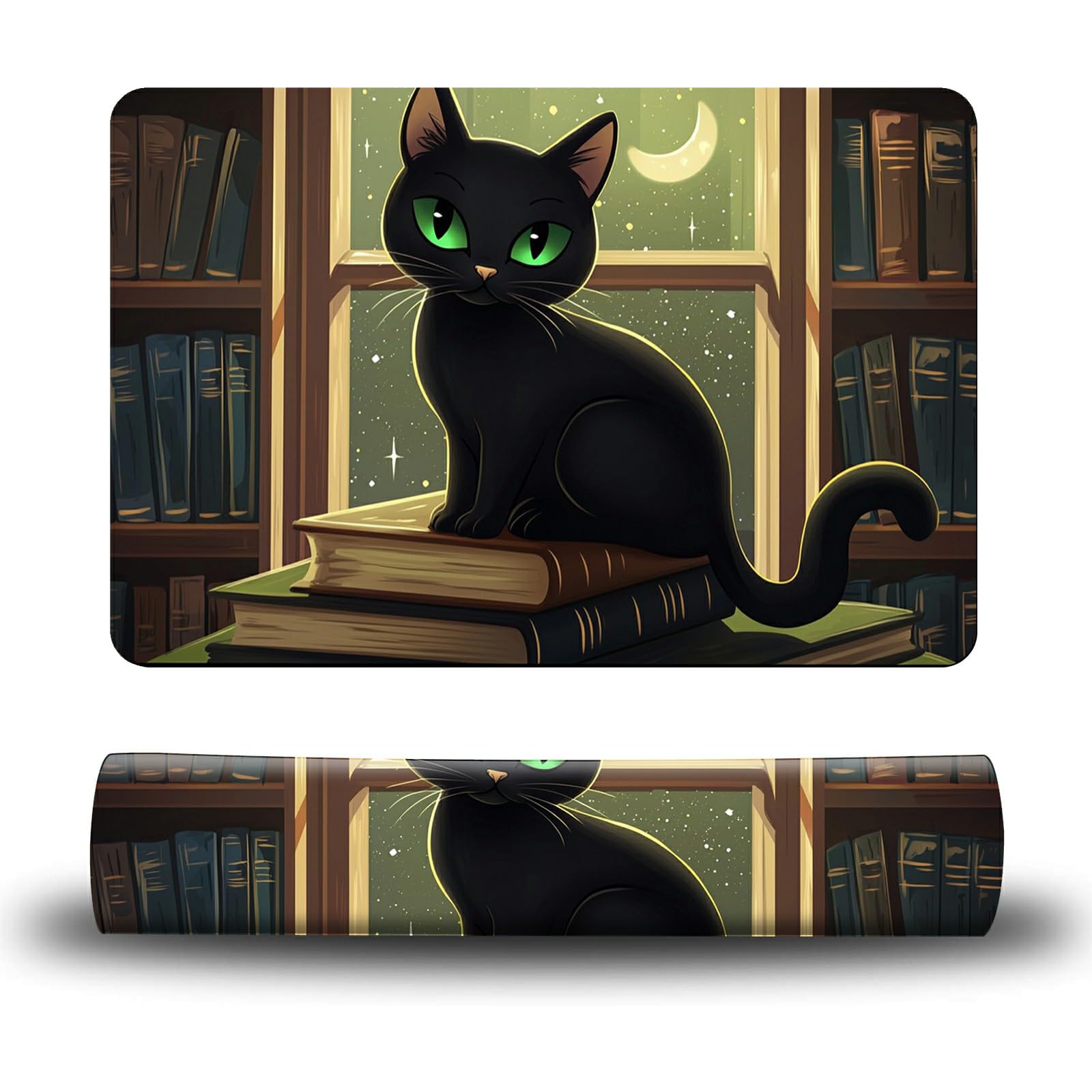 Dikoer Dog Food Mat, 15.7" x 23.6" Absorbent Pet Feeding Mat for Food and Water, Waterproof Diatom Mud Pet Placemat with Non-Slip Rubber Backing, Easy Clean Cat Bowl Mat for Floors - Window Black Cat