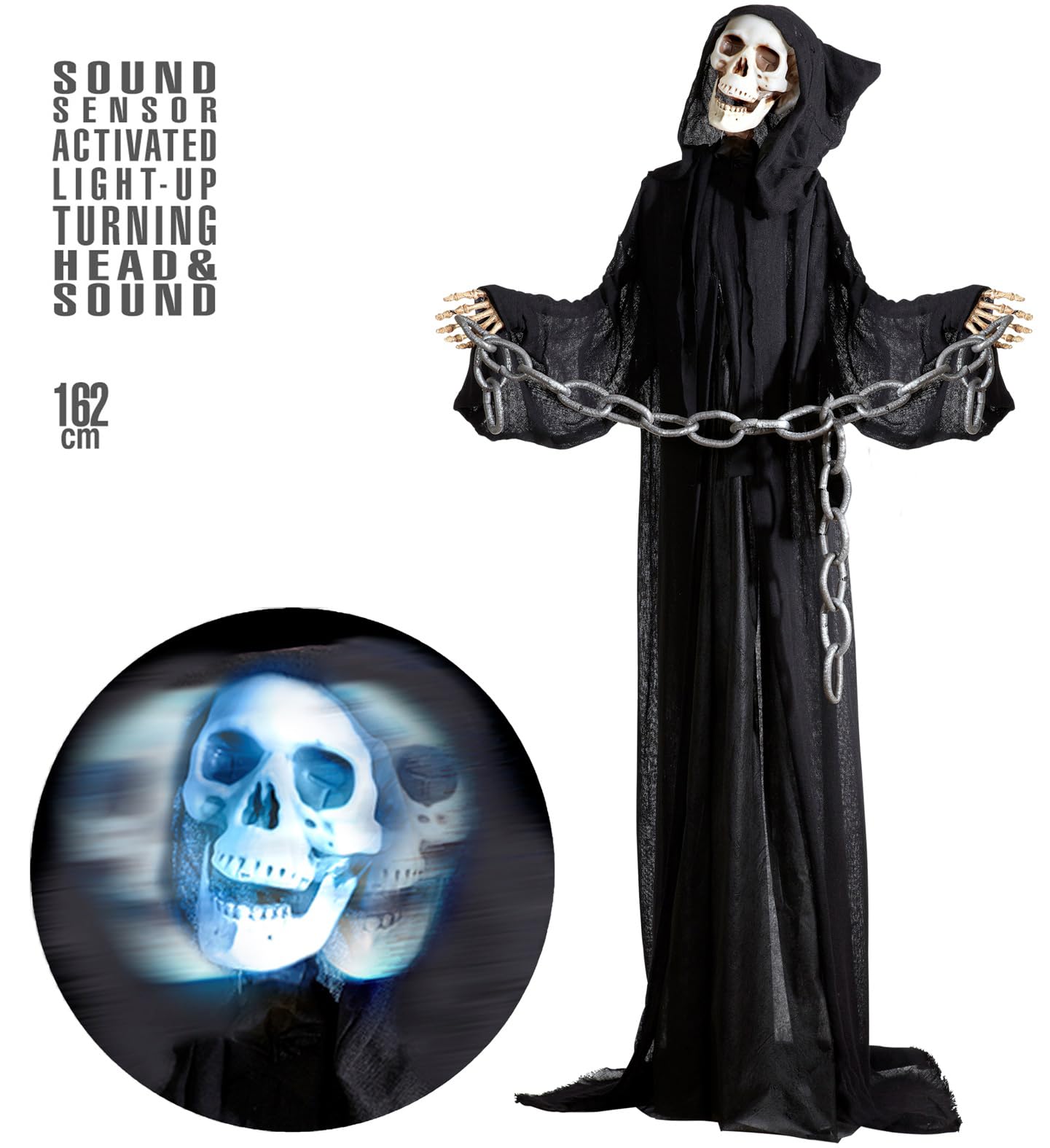 W WIDMANN MILANO Party Fashion - Triste Mietitore con suono 162 cm | Decorazioni di Halloween con testa luminosa girevole ed effetti sonori per feste a tema horror