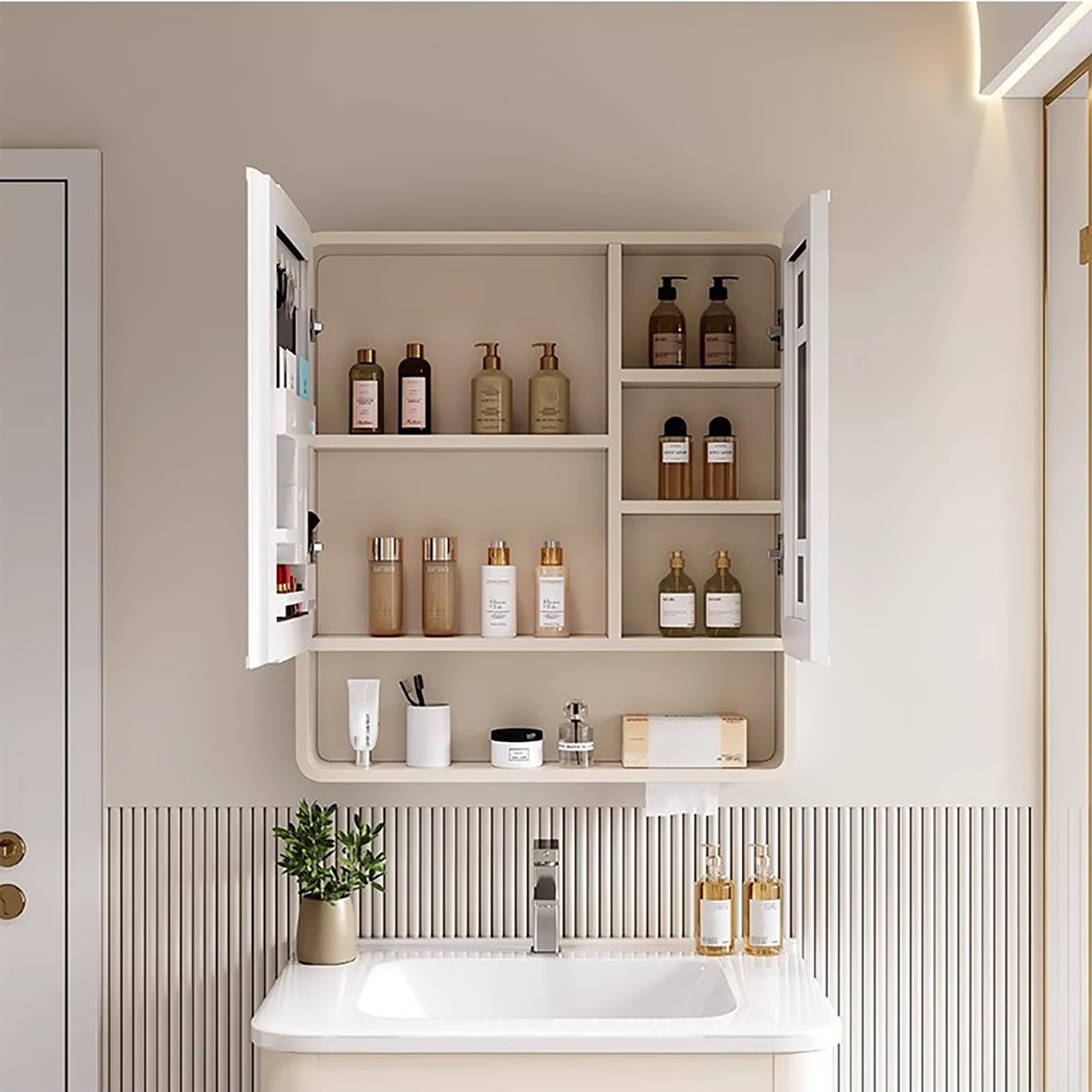 Mobiletto Bagno Specchio, Armadietto Bagno In Alluminio Con Antiappannamento, Mobiletto Da Parete In Legno Massello Con Luce A LED, Mobili Da Contenitore Oscuramento(White,80CM/31.4IN)