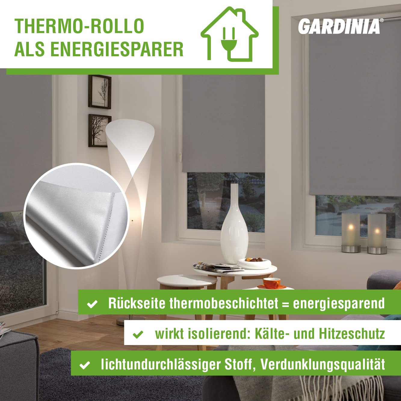 GARDINIA EASYFIX Rollo mit Thermo-Rückseite zum Klemmen oder Kleben, Verdunklungsrollo ohne Bohren, Hitzeschutz, Energiesparend, Schiefer, 80 x 210 cm (BxH)
