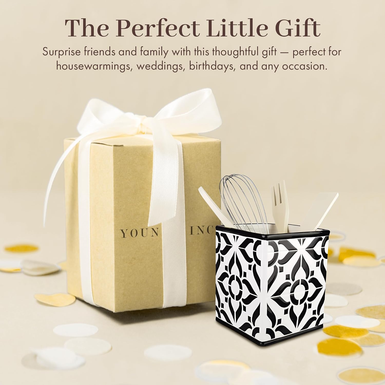 Young's Inc. Ceramic Utensil Holder for Countertop - Kitchen Crock with 3 Wooden Utensils - Large Organizer for Cooking Tools, Flatware, and More - Bee Thankful