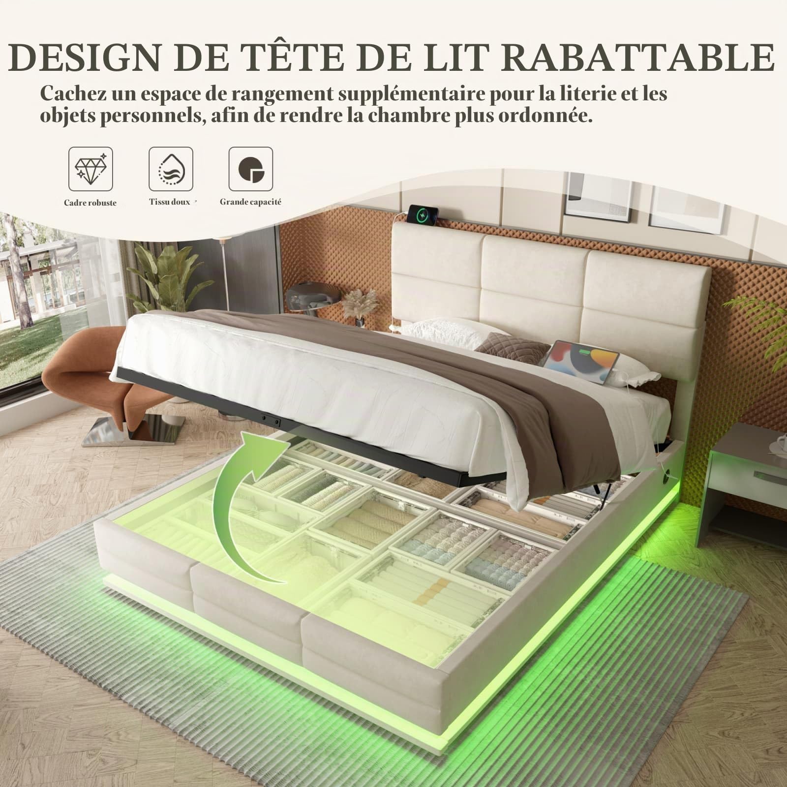 Sweiko Lit Armoire Moderne en Velours 140x200cm, Cadre de Lit de Rangement Hydraulique avec Tête de Lit Réglable en Hauteur USB et Connexion C LED (Beige)