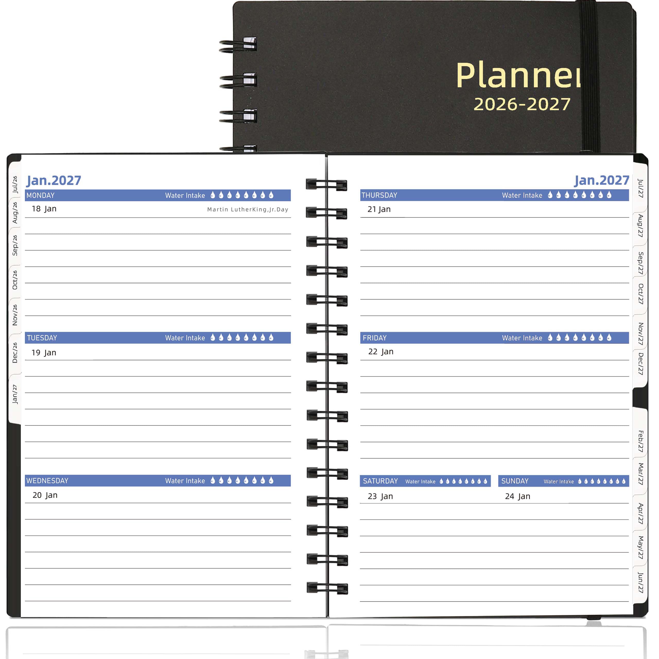 Agenda giornaliera 2026-2027, agenda settimanale e mensile, da luglio 2026 a dicembre 2027, agenda da 18 mesi con linguette, formato A5, nero