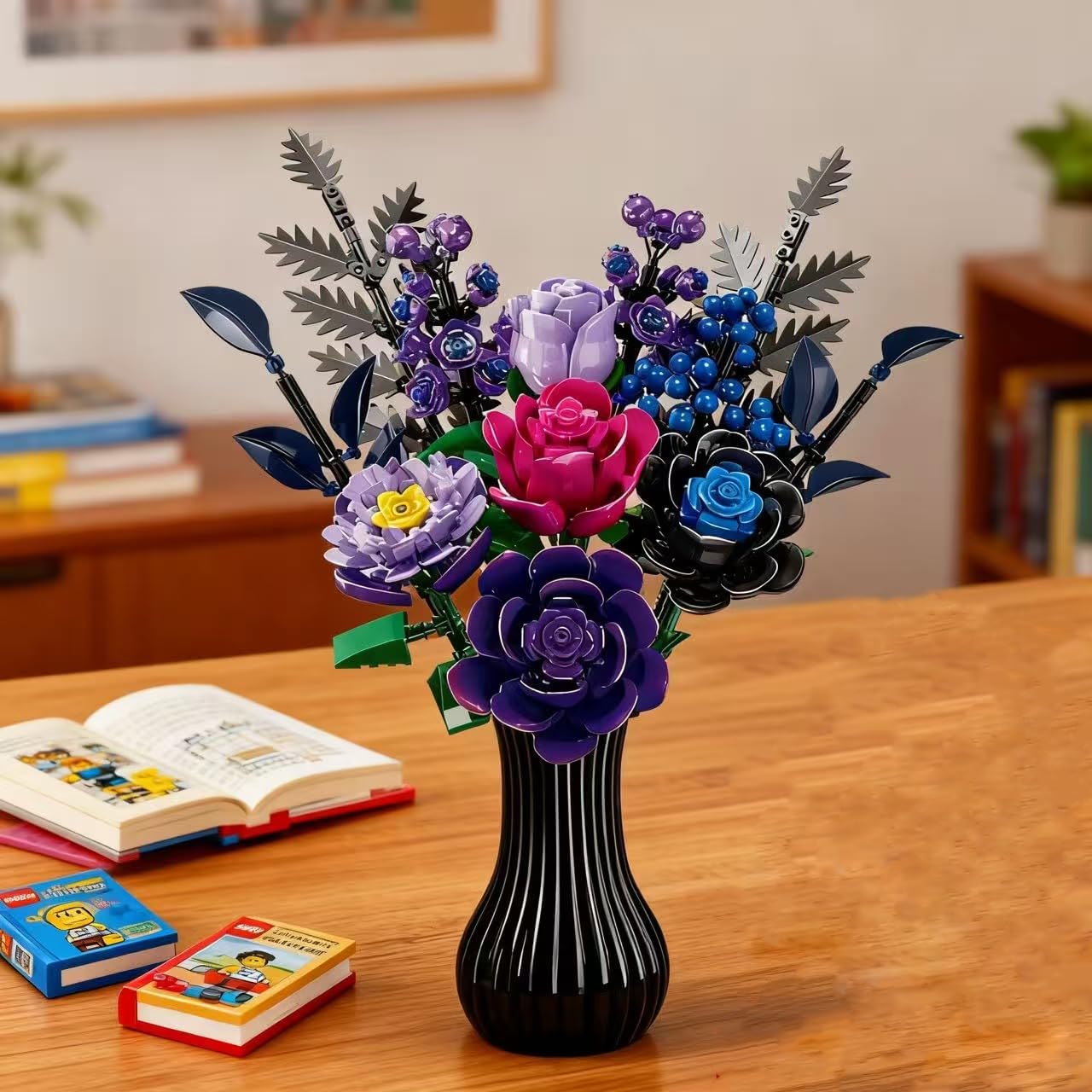 Gothic Purple Flower Bouquet Building Blocks Kit 759PCS, Artificial Floral Arrangement Set otanical Collection Artificial Flowers for Home & Office Decor Ages 18+