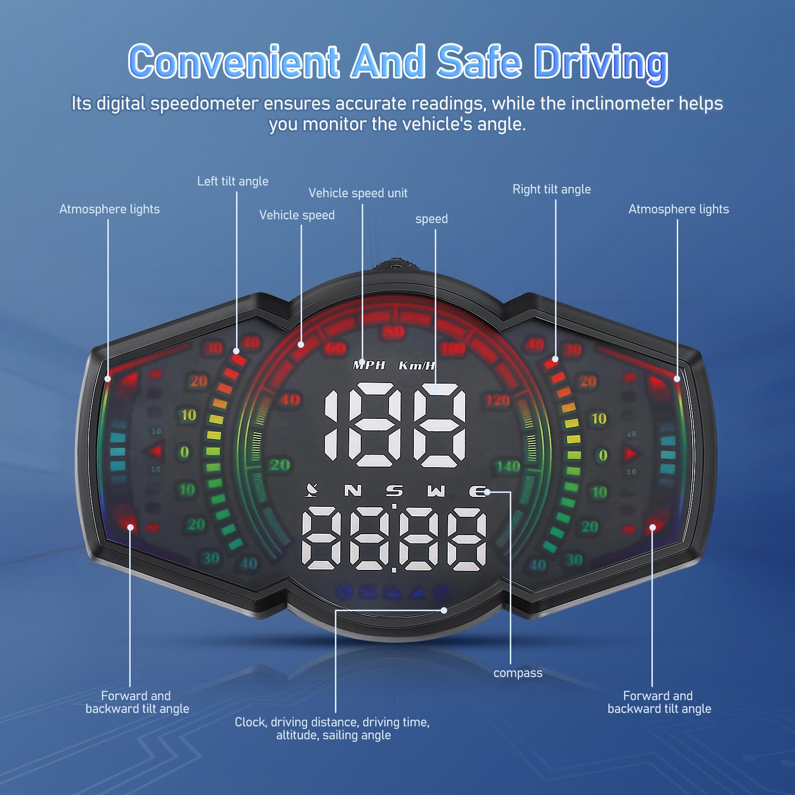 Display Head-up Gps per Auto con Tachimetro Digitale, Inclinometro Integrato, Materiale Abs Pc, per Guida Notturna e Viaggi Lunghi