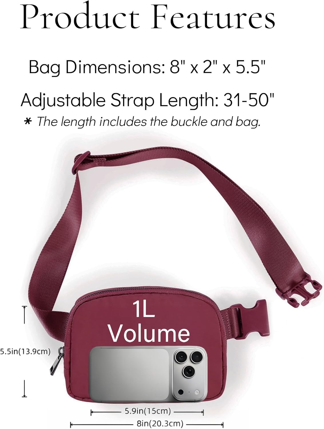Waist Belt Bag for Women Lulu Dupes Mini Small Crossbody Purse Sling Bag Cute Fashion Waterproof Fanny Pack Over The Shoulder Bags Fashionable Travel Running Belt Pouch Bum Bag Red Merlot - Image 5