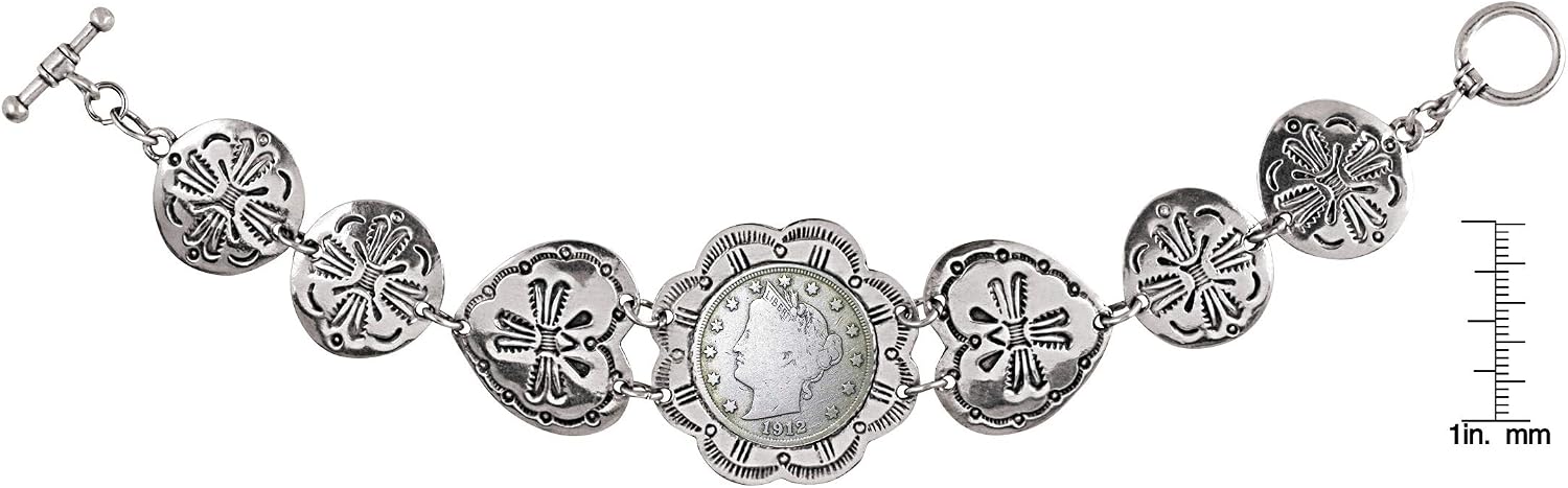 Liberty Nickel Toggle Bracelet | 7.5 Inch Silvertone Pewter Western Style | Genuine Coin Over 100 Years Old | Certificate of Authenticity