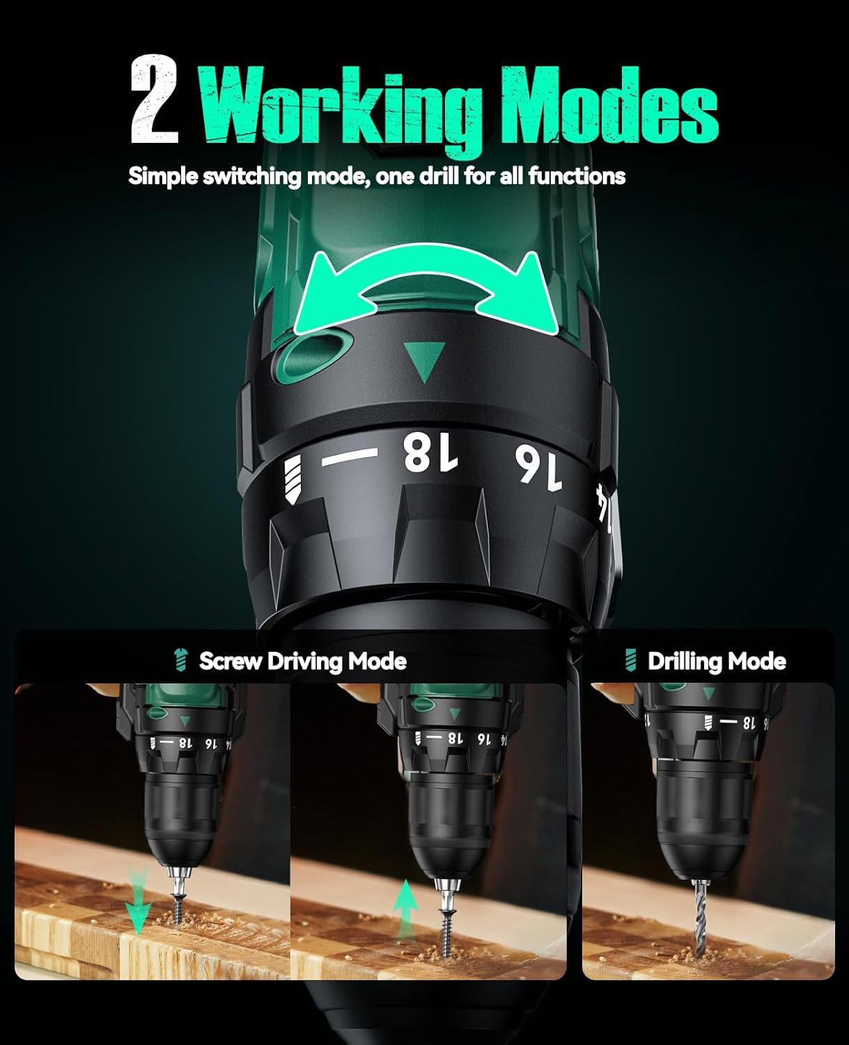 KIMO 20V Cordless Drill Set with 2 Packs 2.0Ah Battery, Max 350 In-lb Torque, 1350 RPM, 3/8 Keyless Chuck, 18 2 Clutch Setting, 18pcs Accessories, Power Drill for Drilling Wood Bricks Walls Metal