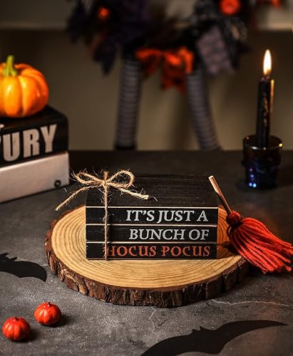 Miniatura 6 de Pila de libros de madera de Halloween, paquete de libros falsos Hocus Pocus, bandeja escalonada de Halloween para decoración de mesa del hogar