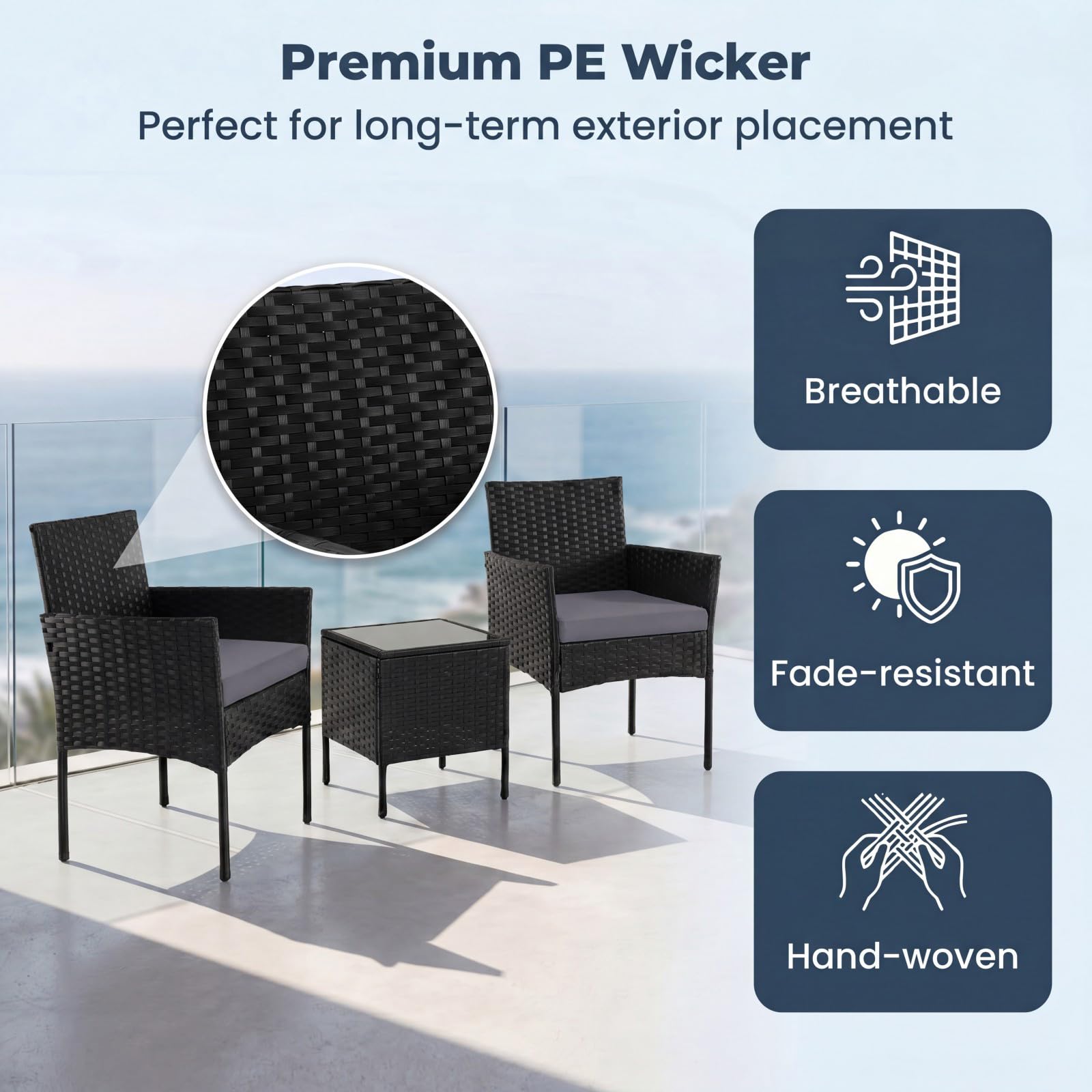 GIANTEX Juego de Muebles Jardín 3 Piezas, 2 Sillones con Cojines Extraíbles y Mesa Auxiliar de Vidrio, para 2 Personas, Muebles de Ratán Exterior para Patio, Balcón, Terraza (Gris)