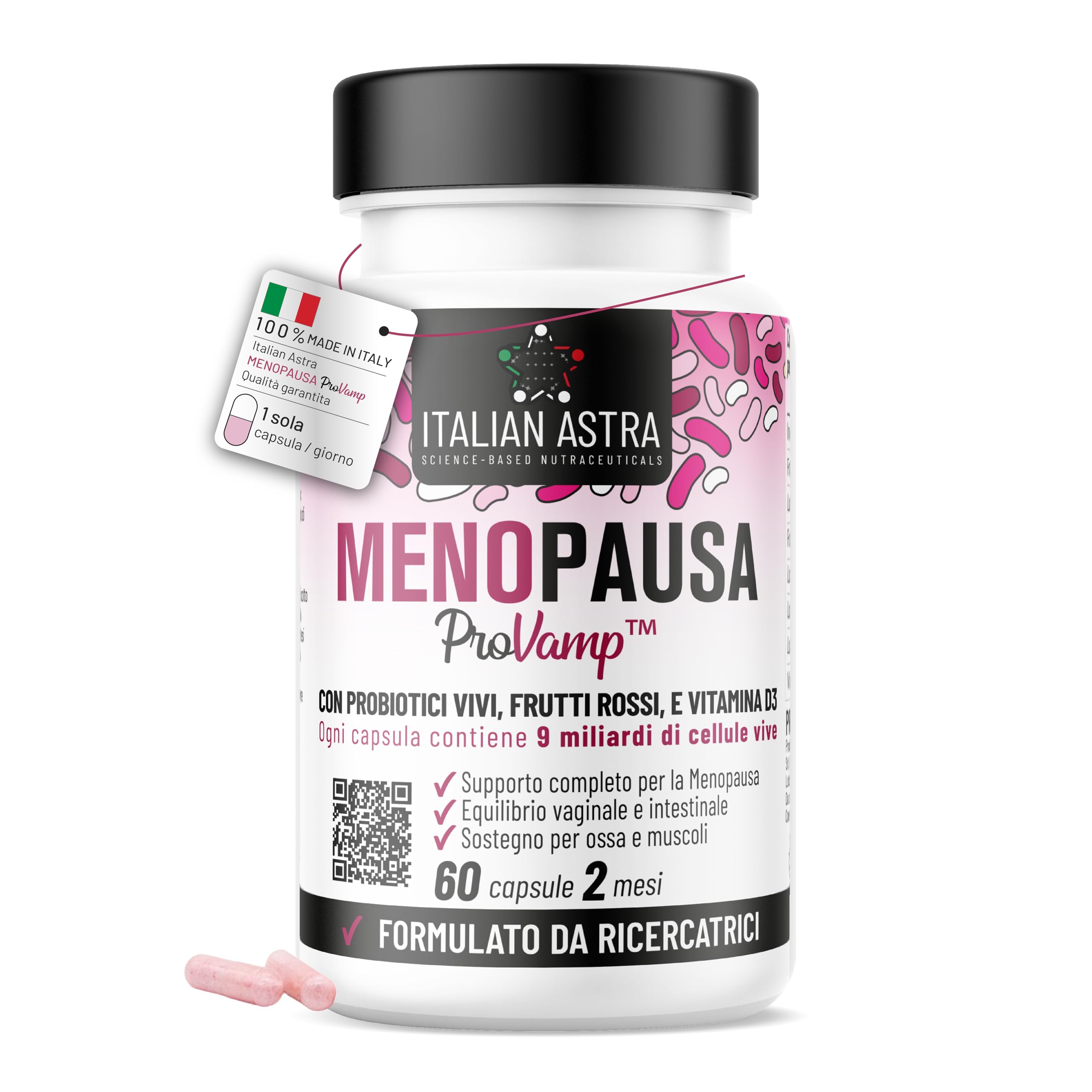 ProVamp Menopausa Integratore Completo - Elimina Vampate e Sudorazione Notturna - con 18 MLD Probiotici + Frutti Rossi, Vitamina D, Inulina - 60 Capsule 100% Made in Italy