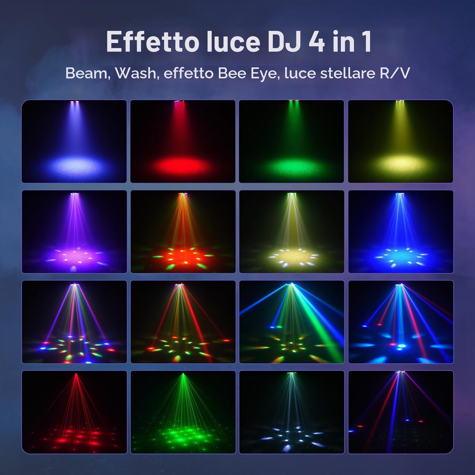 Testa Mobile LED 150W 4 in 1,Occhio d'Ape RGBW con Fascio a 4 Bracci e Wash RGB,Beam Luci Discoteca con Telecomando DMX512,Luci da Palcoscenico per DJ Feste Disco Club Natale Concert Matrimoni