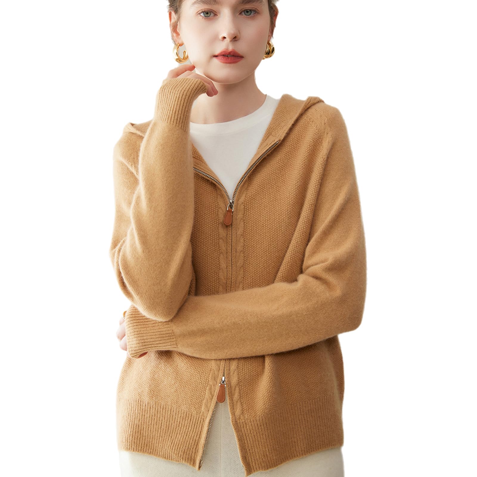 Womens Cashmere Merino Wool Blend Full-Zip Hoodie Cardigan Knit Lightweight Long Sleeve Sweater Fall Winter Outwear