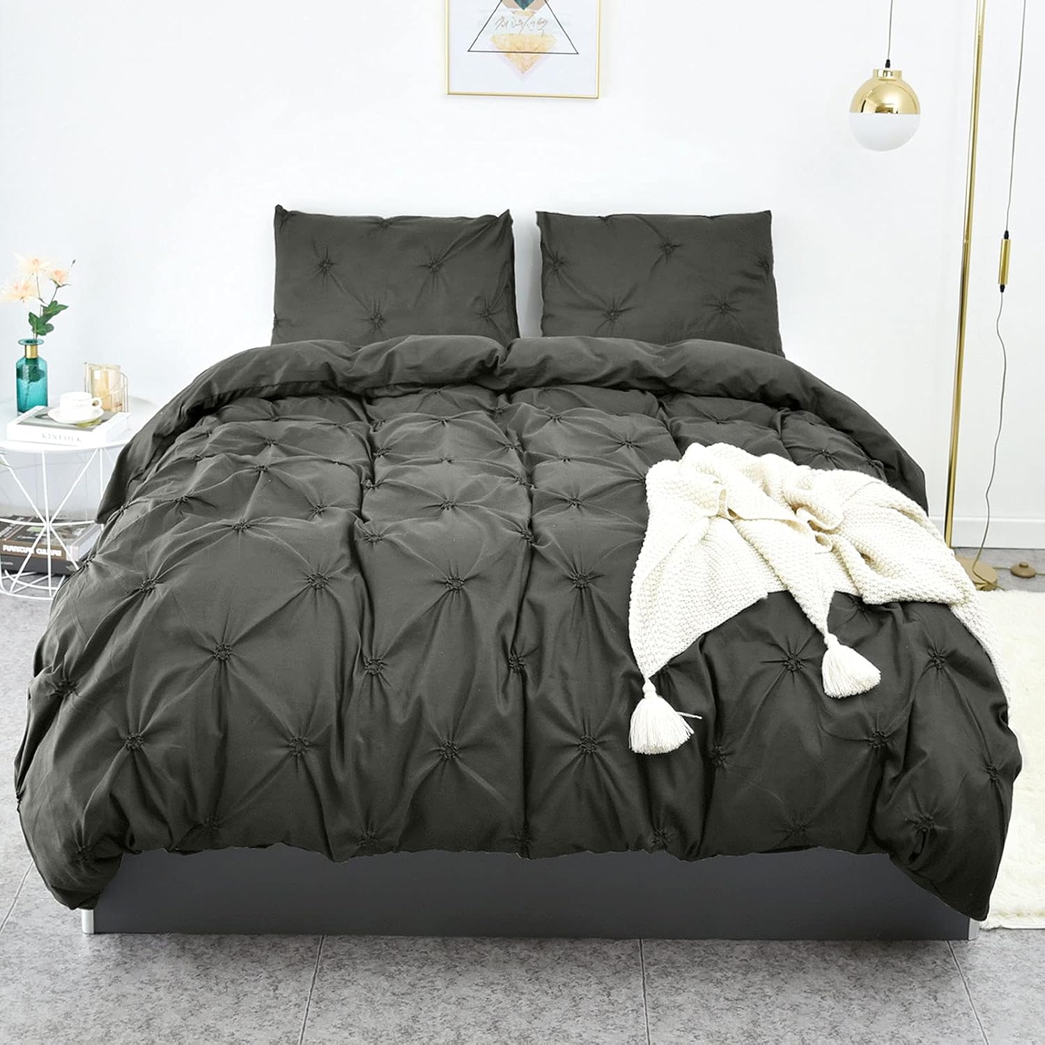 LHKIS Duvet Cover Queen, Dark Grey Soft Duvet Cover Set, Farmhouse Textured Comforter Cover Hotel Pintuck Bedding Duvet Cover 3 Pieces