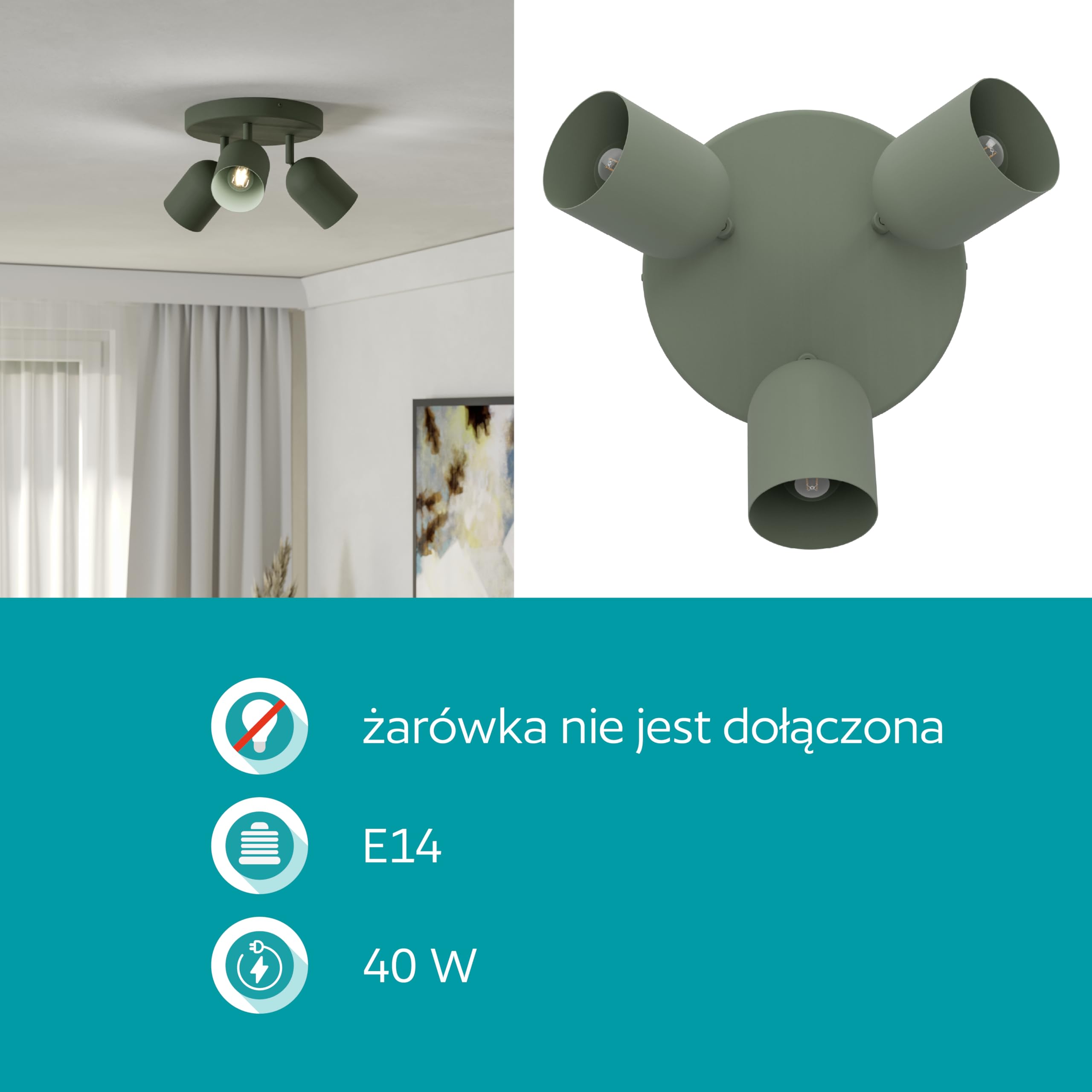 EGLO Tilston Lampa sufitowa 3-żarówkowa, reflektor sufitowy do salonuowa oprawa podsufitowa ze stali w kolorze ciemnozielonym E14 | Reflektor ze stali w kolorze ciemnozielonym, oprawka E14
