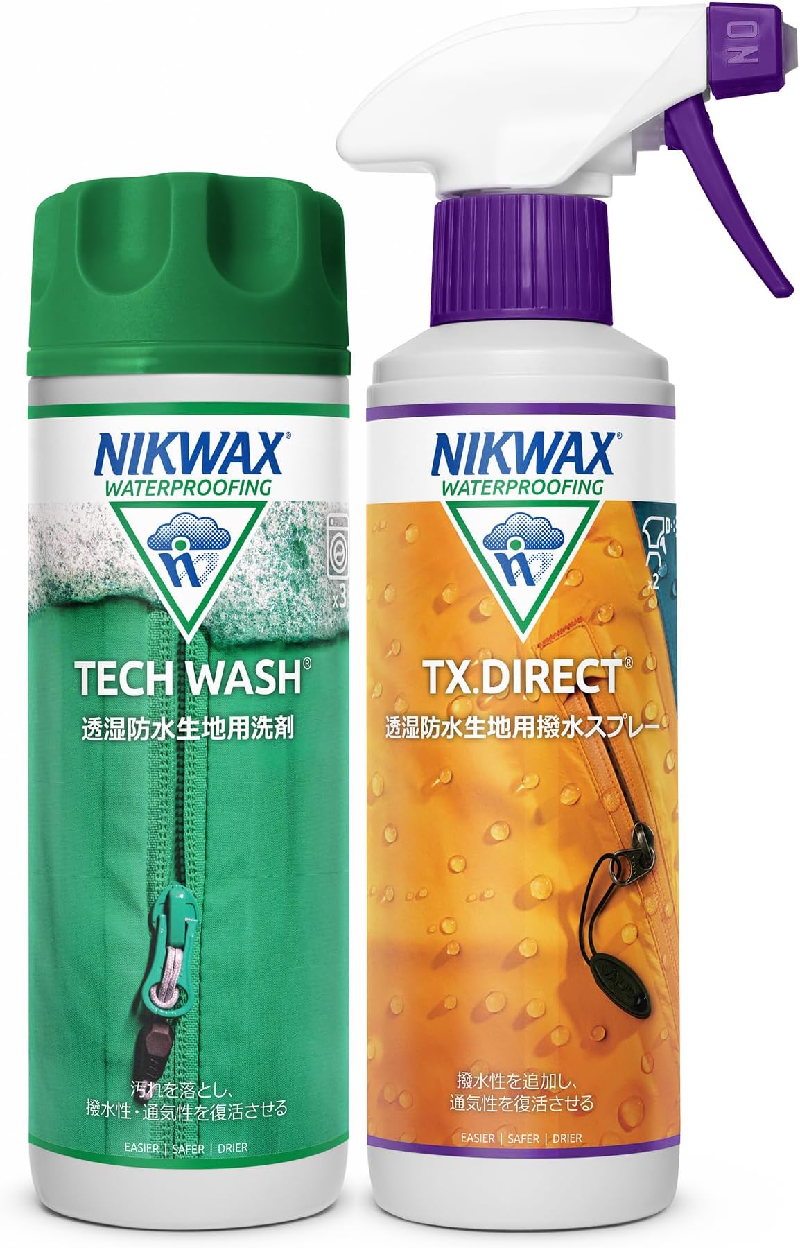 NIKWAX ニクワックステクニカルウォッシュ 防水衣類専用の洗濯用洗剤詰め替え用/nikwax TX.ダイレクトスプレー式 防水 2個パック 2 x300ml – 撥水ジャケットの洗濯/屋外撥水剤 衣類の防水スプレー式のテクニカルクリーナー