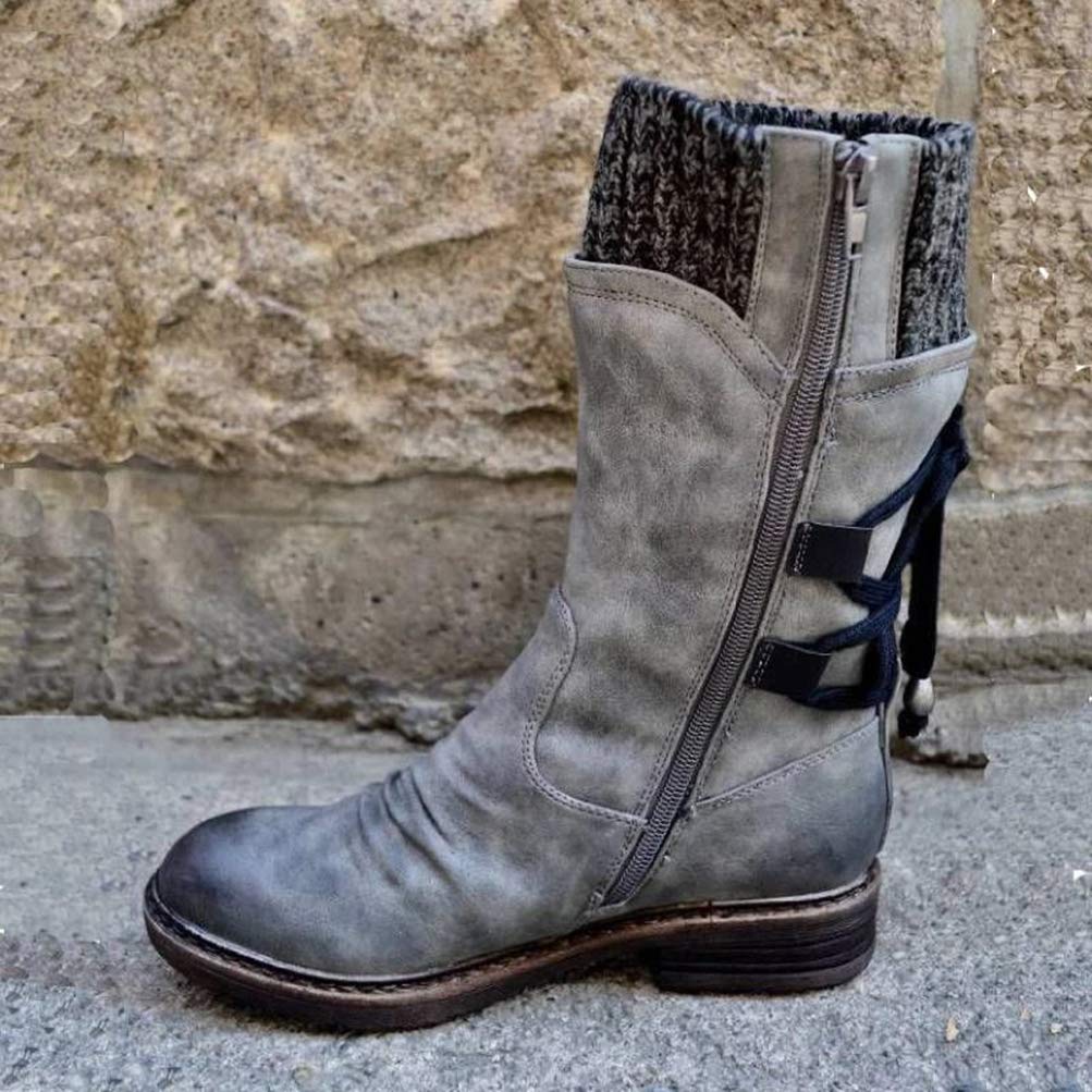 Toride Damen Biker Stiefel Mittlere Wade Niedriger Blockabsatz Seitlicher Reißverschluss Kurzer Plüsch Slip On Herbst Winter Warm Kreuz Gebunden Runde Kappe Schneeschuhe