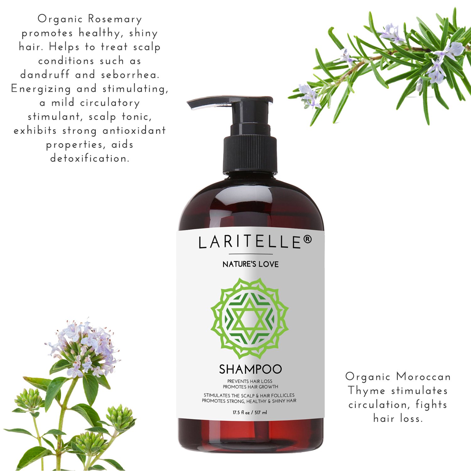 Laritelle Organic Shampoo Nature's Love | Organic Quinoa + Keratin + Follicle Stimulating Rosemary, Ginger & Grapefruit | Hair Loss Prevention, Clarifying, Softening, Strengthening | NO GMO. Vegan