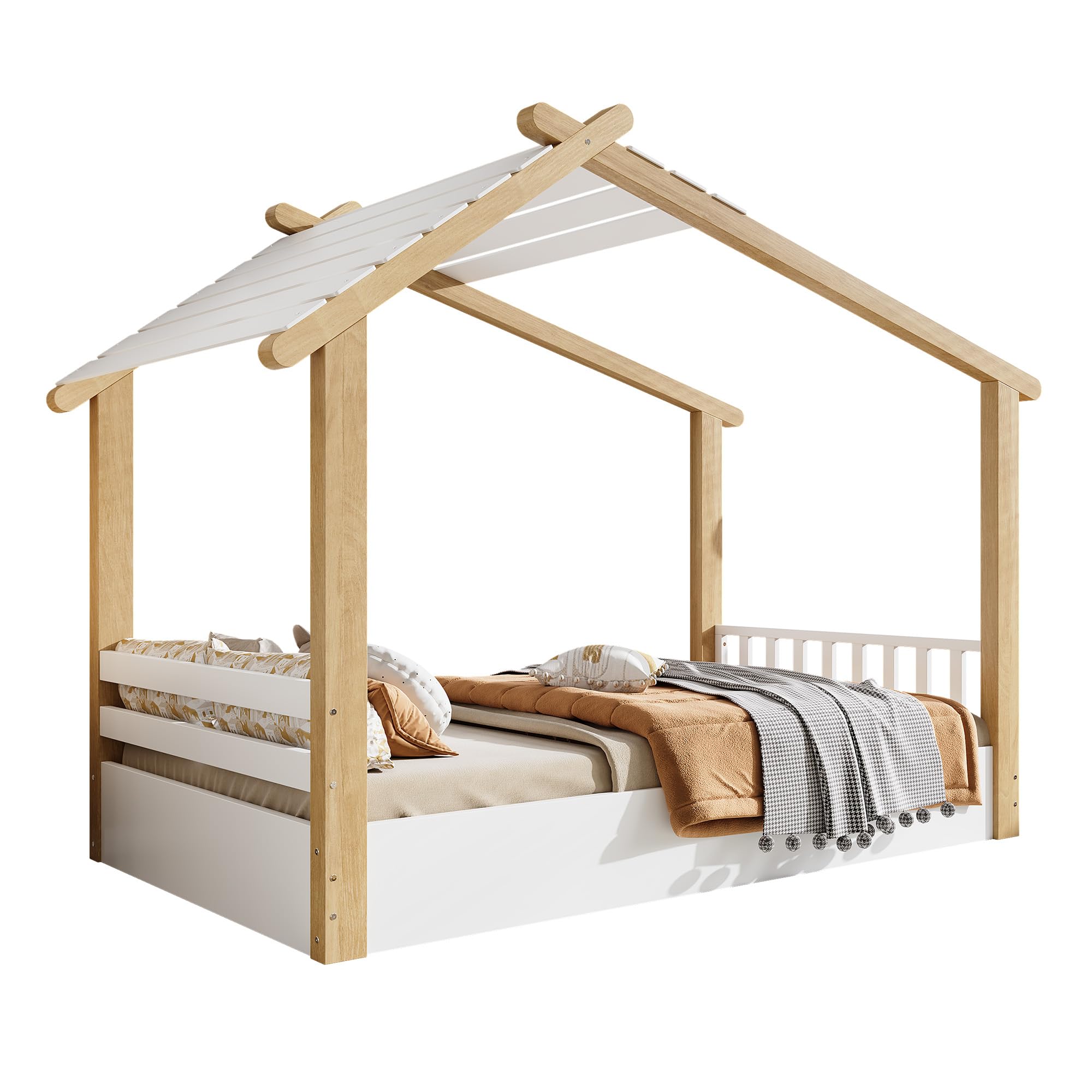 Holzhausdesign Hausbett Kinderbett 90x200 cm mit Dachlatten, Einzelbett Bodenbett mit Brüstung, Jugendbett Holzbett Bettgestell mit Lattenrost, Schlichtes Design, Weiß+Natur, Ohne Matratze