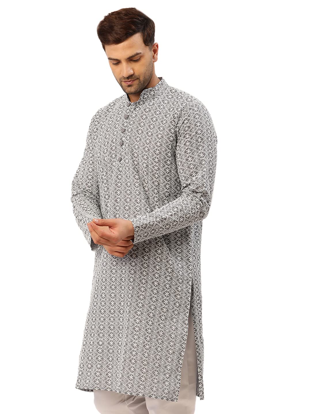 Jompers Men's Embroidered Pure Cotton Kurta. (Grey, L)