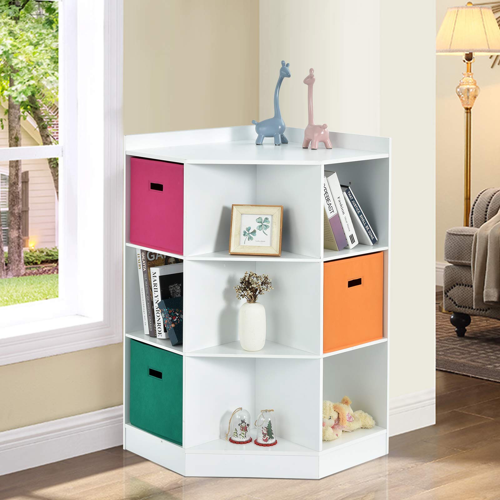 COSTWAY Bücherregal Kinder, 3-stöckiges Kinderregal mit 3 Boxen & 9 Fächern, Spielzeugregal Aufbewahrungsregal aus Holz für Kinderzimmer Schlafzimmer, 81 x 61 x 94cm (Weiß, 9 Fächer)
