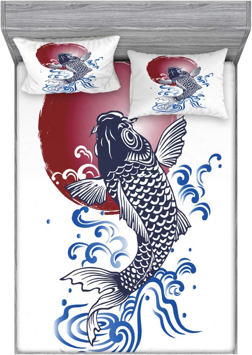 Ambesonne Japanese Fitted Sheet & Pillow Sham Set, Red Round Circle Illustration Print with Koi Fish and Water Splash Image, Decorative Printed 3 Piece Bedding Decor Set, Full, White