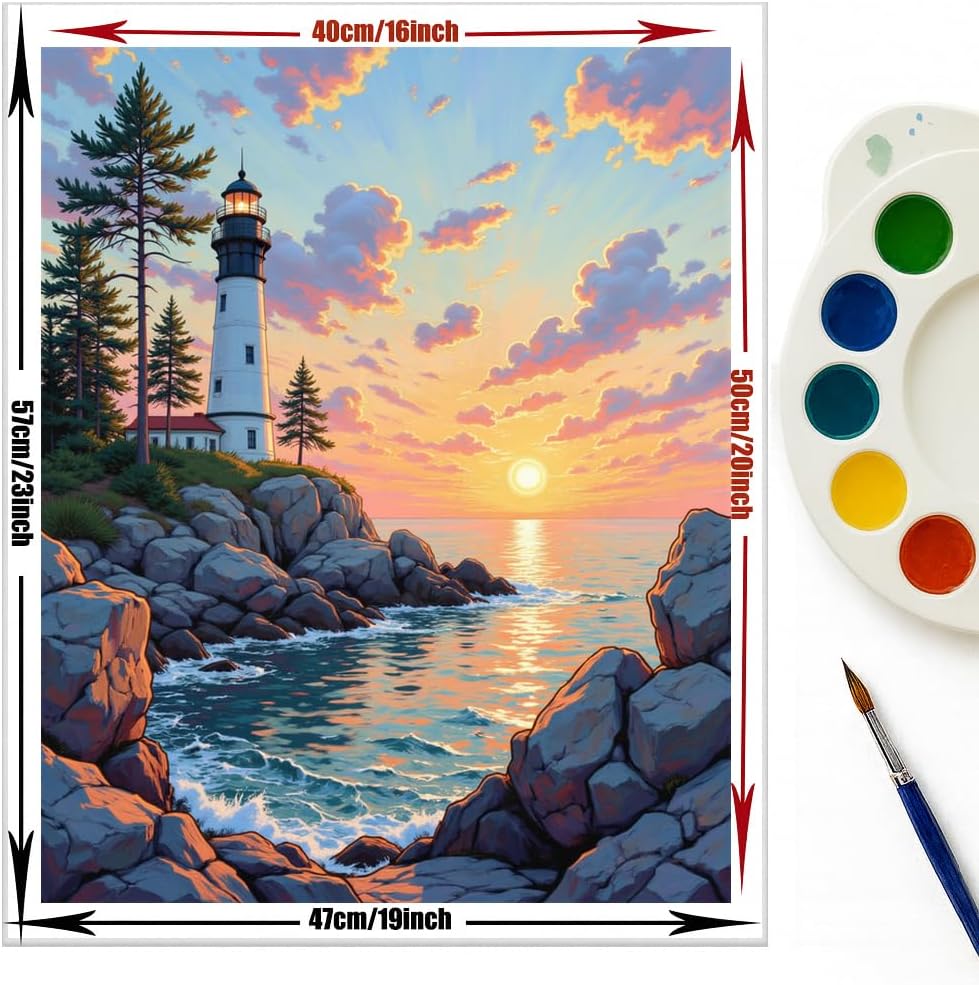 EnLvYY Lighthouse at Sunset Paint by Numbers Kit for Adults, DIY Acrylic Painting on Canvas 16x20 Inch, Coastal Scene with Rocks, Trees, and Ocean View, Unframed, Gift for Nature and Landscape Lovers