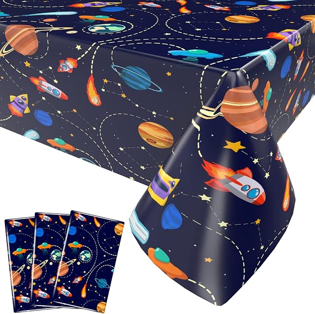 Outer Space Tablecloth 3 Pieces, Solar System Table Covers for Planet Theme Party, Planet Rocket Printed Disposable Plastic Table Decoration for Birthday Home Party Decoration 54X108inch