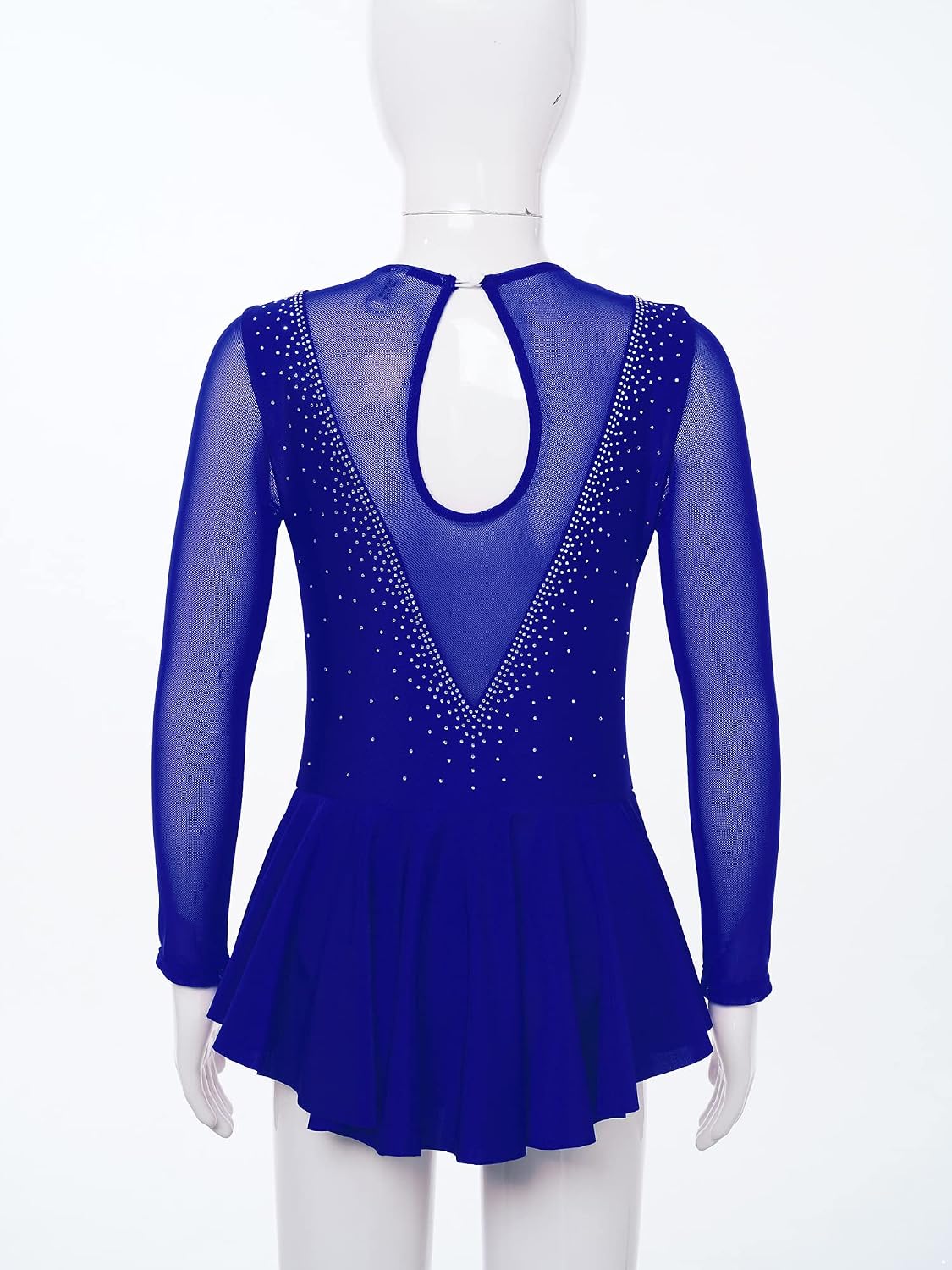 Girls Long Sleeves Figure Ice Skating Dress Kids Leotard Roller Skating Rhinestones Sheer Mesh Ballet Dance Dress