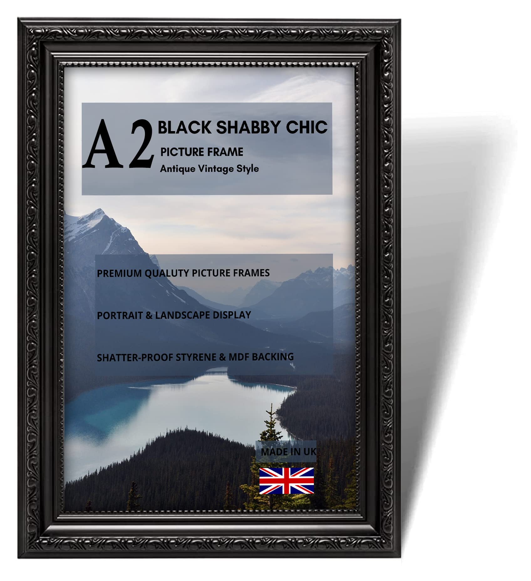 Click One Black Shabby Chic Picture Poster Frame | Antique Vintage Style| Portrait & Landscape Black Maxi Frame with MDF Backing For Wall, Prints, Puzzle & Artwork (A2 (42.0 cm x 59.4 cm))