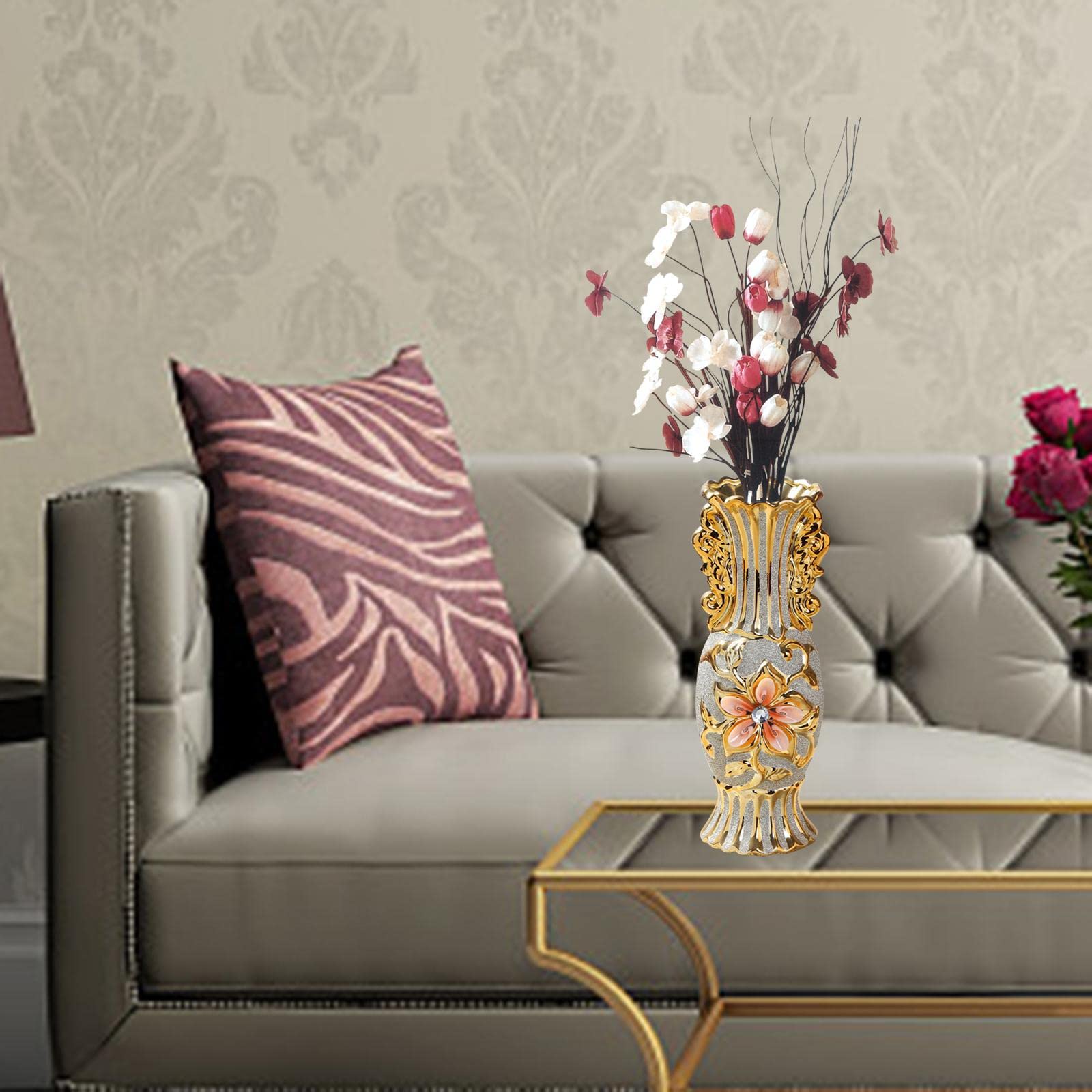 Keramikvase Europäischer Stil Blumenvasen Deko Ornament Tischdeko Goldene Muster Eleganz Aus für Hochzeit Geschenk Wohnzimmer Büro Café Bar Re, StilC