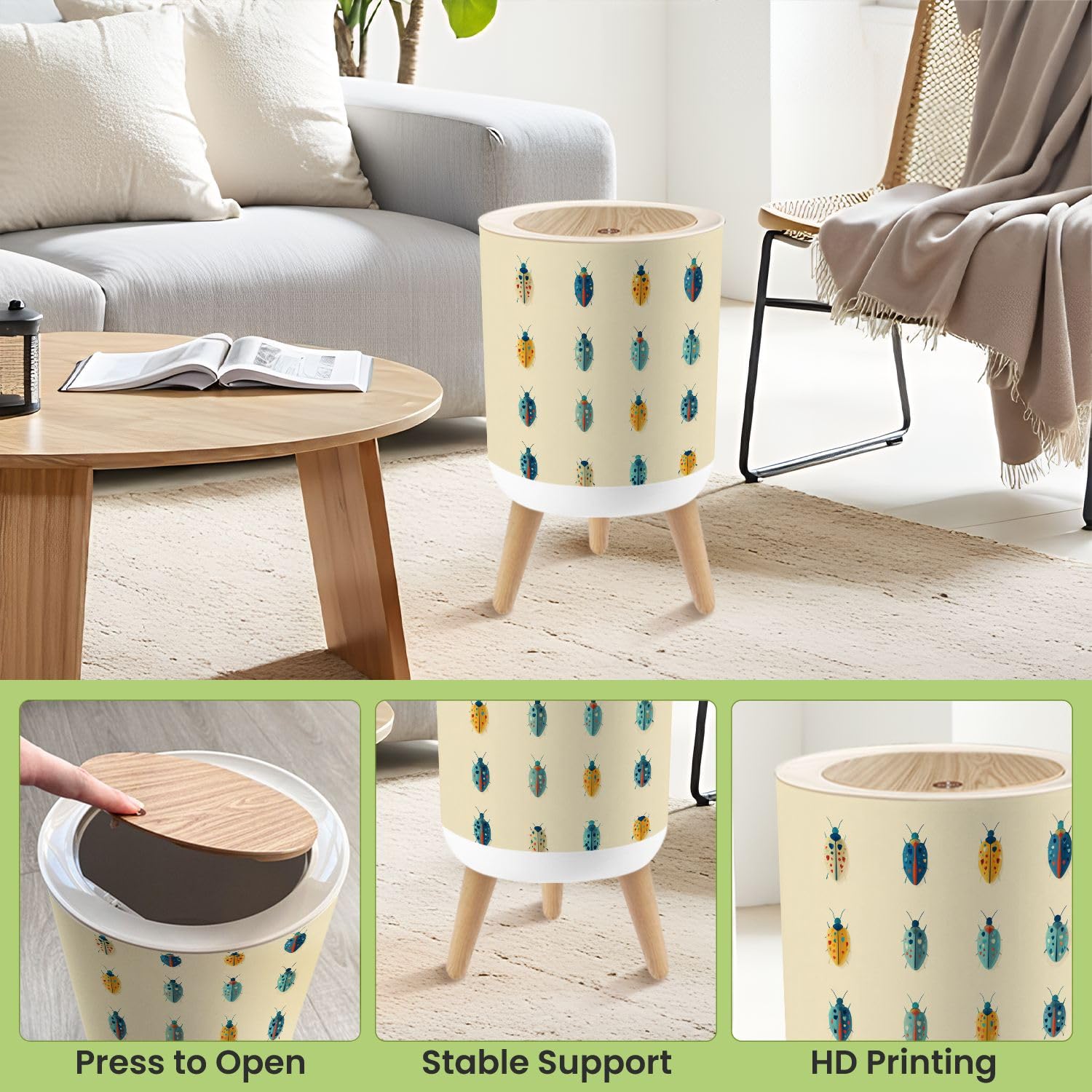 Bathroom Trash Can with Lid Ladybird Nursery Decor Heart Funky Stripes Garbage Bin Waste Basket for Kitchen Office Bedroom Decoration Diaper Pail 1.8 Gallon