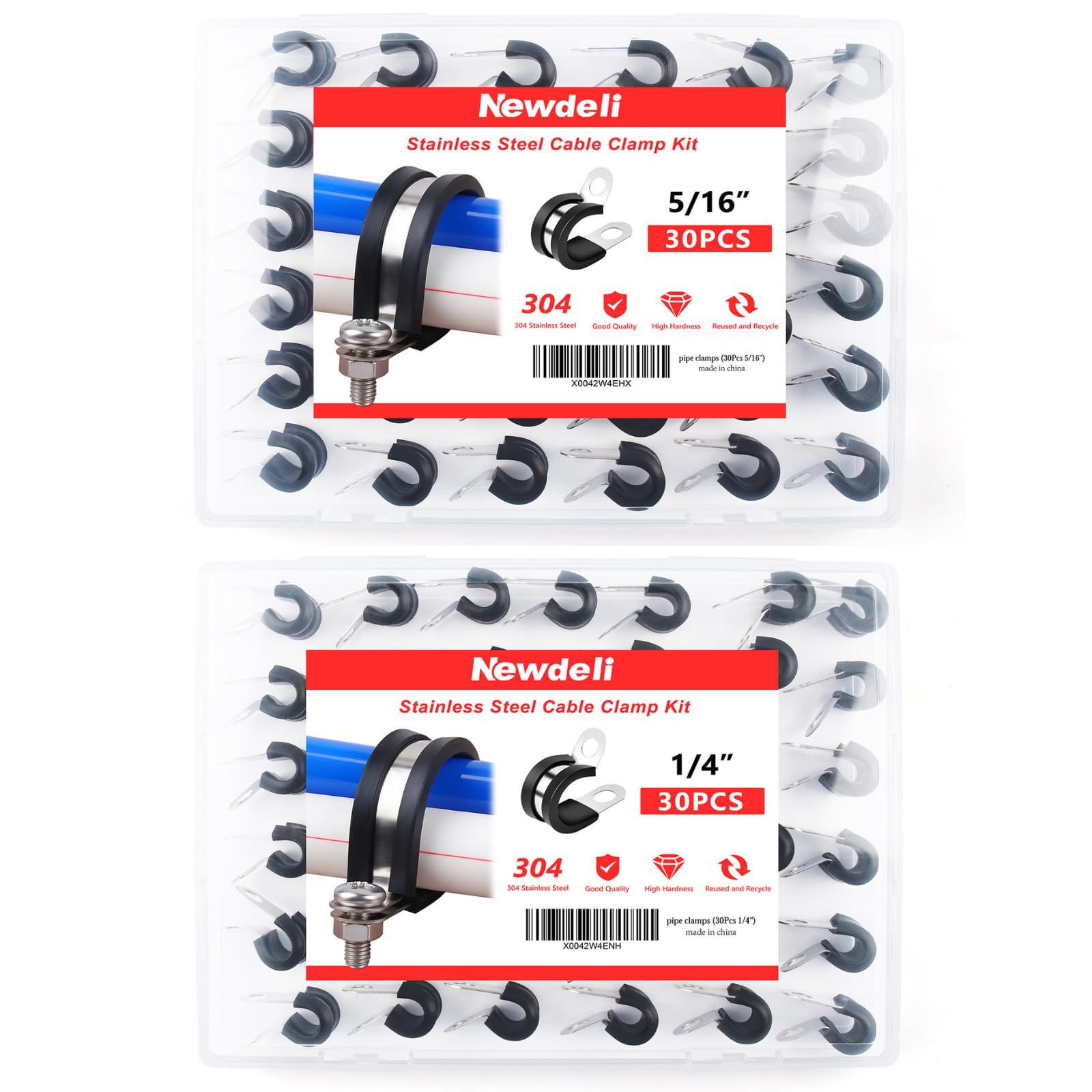 Newdeli60Pcs Cable Clamps 2 Sizes 1/4" 5/16" Stainless Steel Wire Clamp Rubber Cushioned Hose Clamp Insulated Tube clips Automotive Line Pipe Clamps