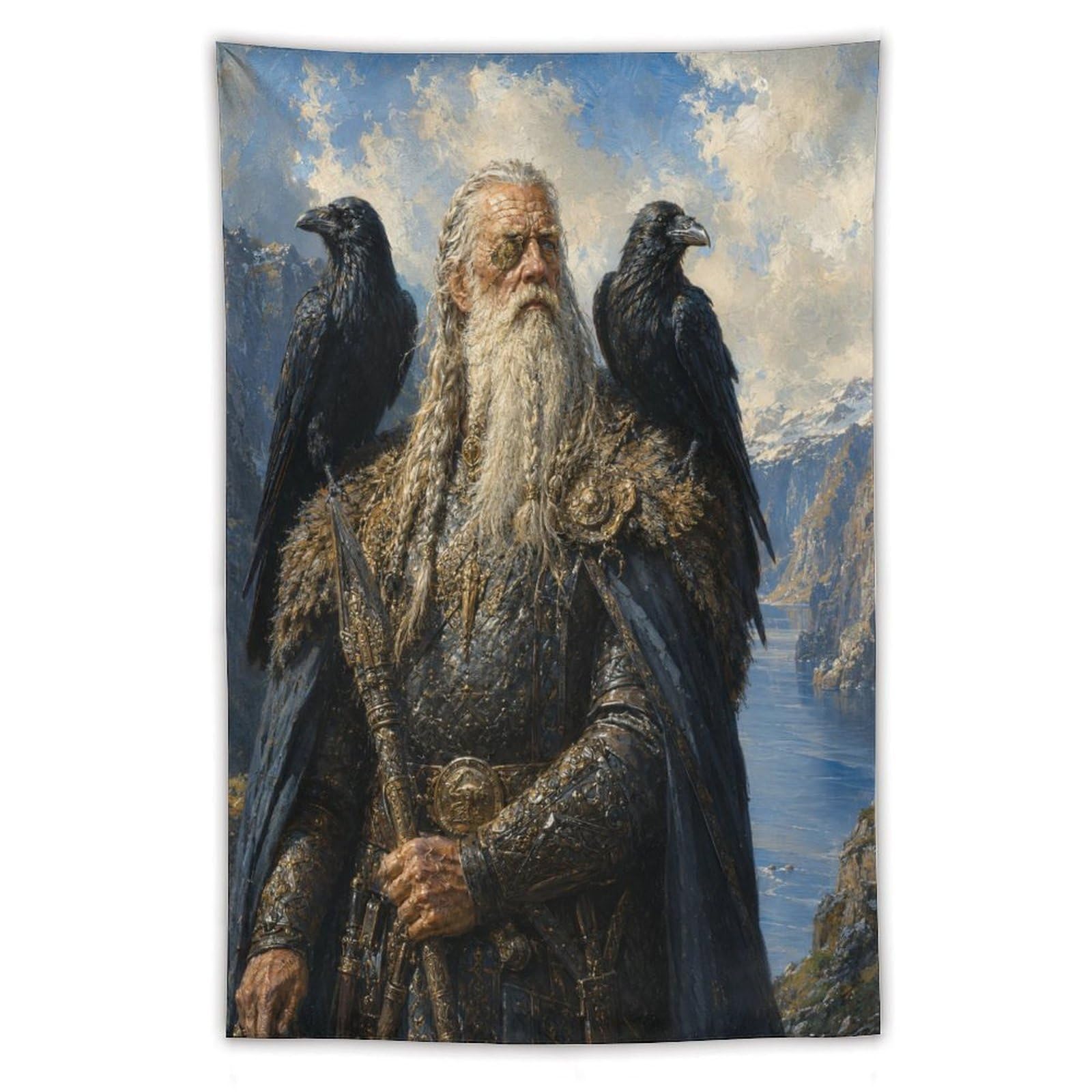 W7C8U2X3 Odin with Ravens Wall Tapestry, Realistic Illustration, Bed