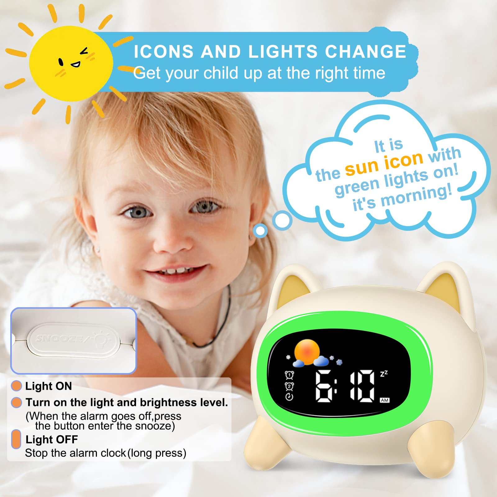 Reloj despertador para niños, bonito reloj despertador para niños, reloj de entrenamiento de sueño con luz nocturna y máquina de sonido para niños pequeños, niñas, adolescentes (perro)