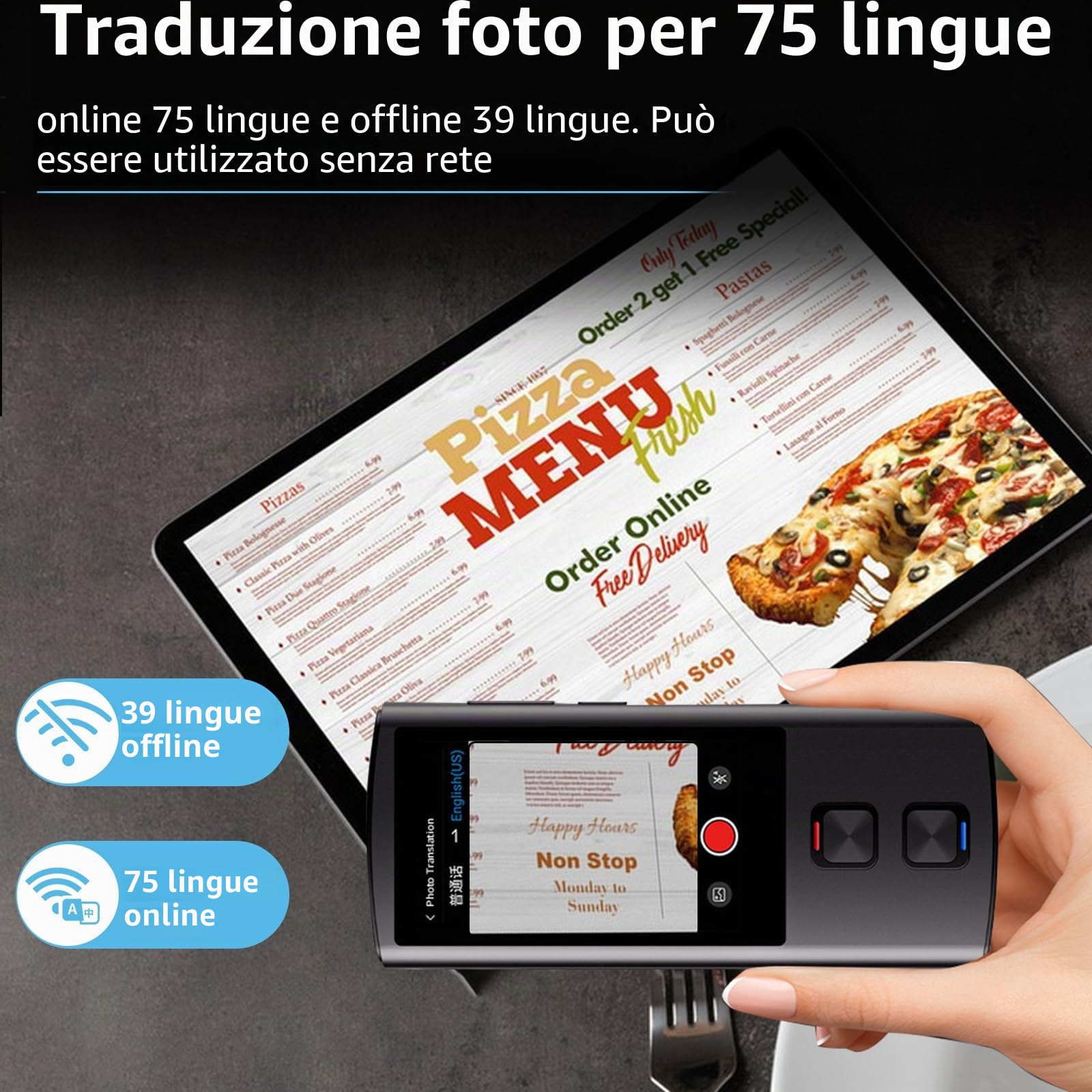 Dispositivo traduttore linguistico, traduttore vocale AI bidirezionale per traduzione vocale/testo/offline/foto, 138 lingue online con touchscreen da 3 pollici per viaggi di apprendimento