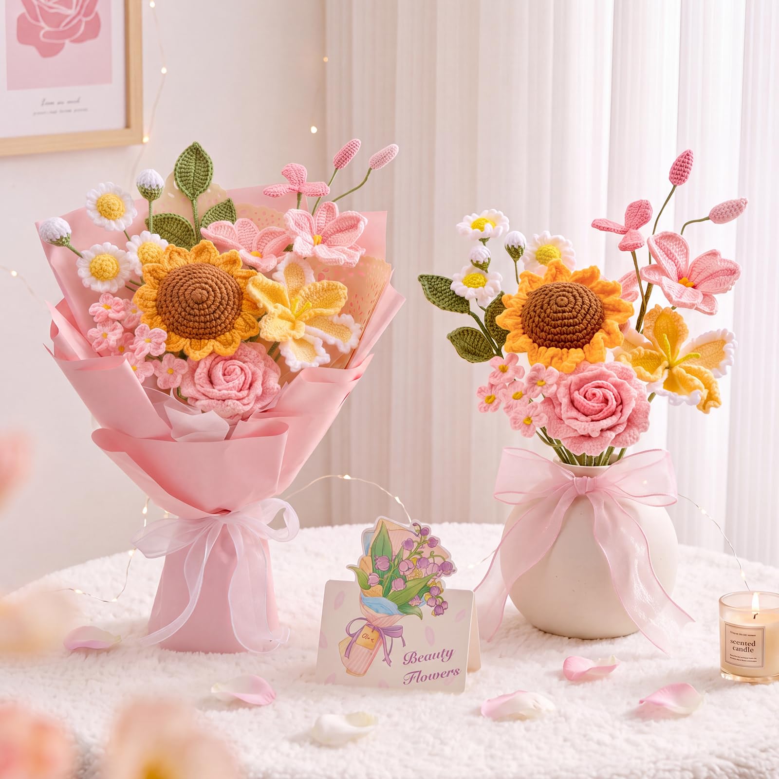 Alecono Bouquet de fleurs au crochet, roses et jaunes tricotées à la main, bouquet de roses pour la fête des mères, anniversaire, remise de diplôme, Saint-Valentin (avec carte)