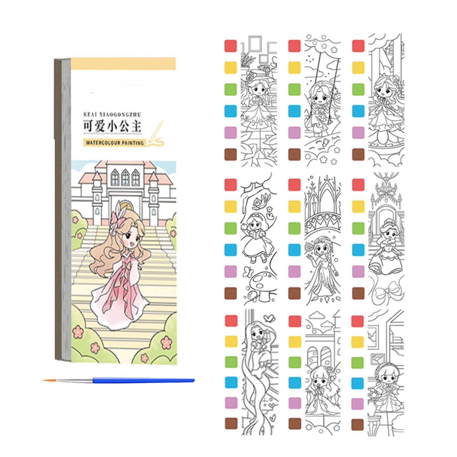 Kaeltsyn Cutes Little Childrens Watercolor Painting Book With Built In Water Colors And Paint Brush For Toddler Drawing And Doodling Kids Coloring Book With Watercolor